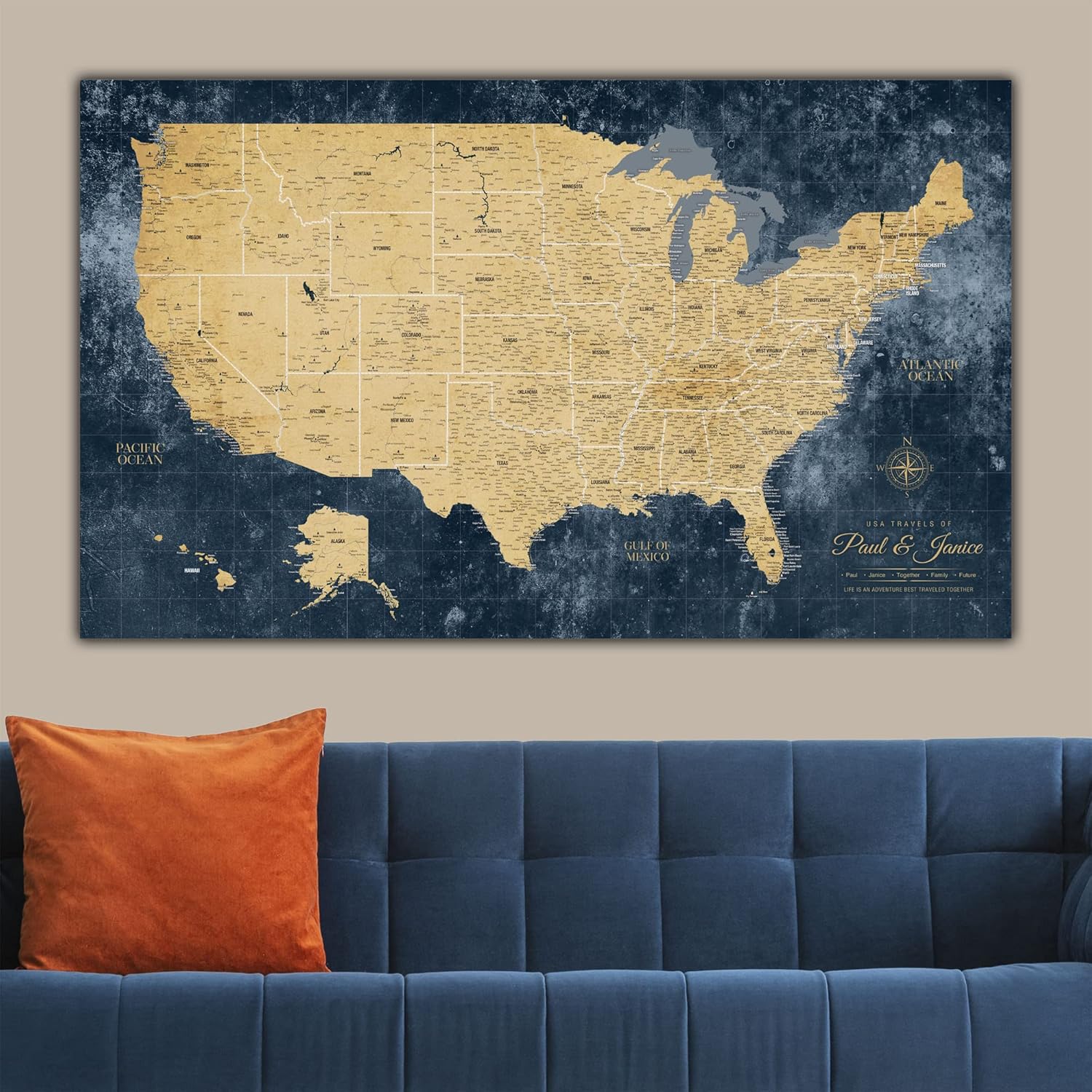 Holy Cow Canvas Personalized Gold & Navy Textured Push Pin Map United States on Canvas, US Travel Map with Pins to Mark Travels, USA Map Pin Board,