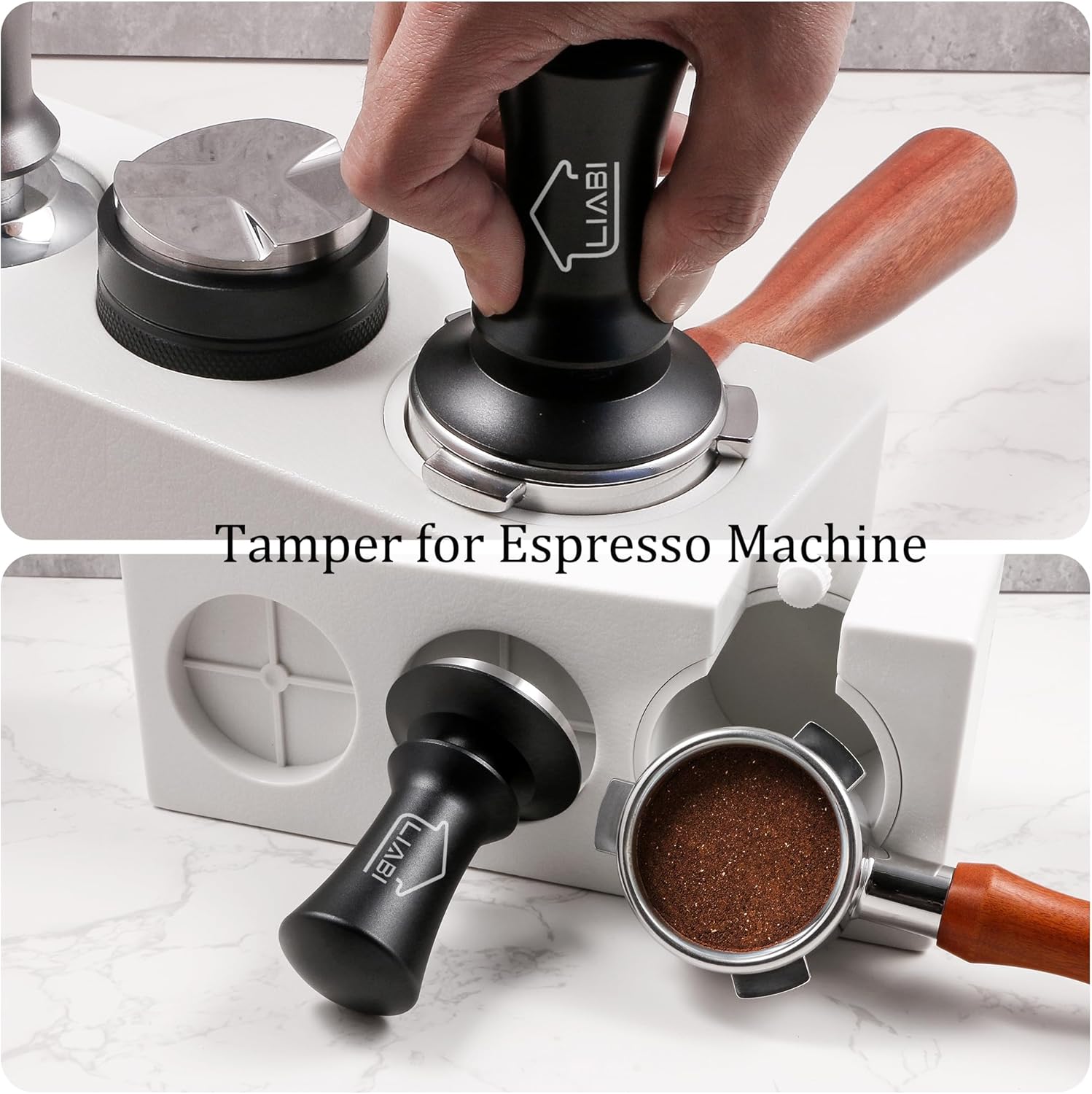 Tamper de café de 2.008 in, manipulador de café expreso con manipulación de resorte, herramientas de manipulación de café barista con soporte de