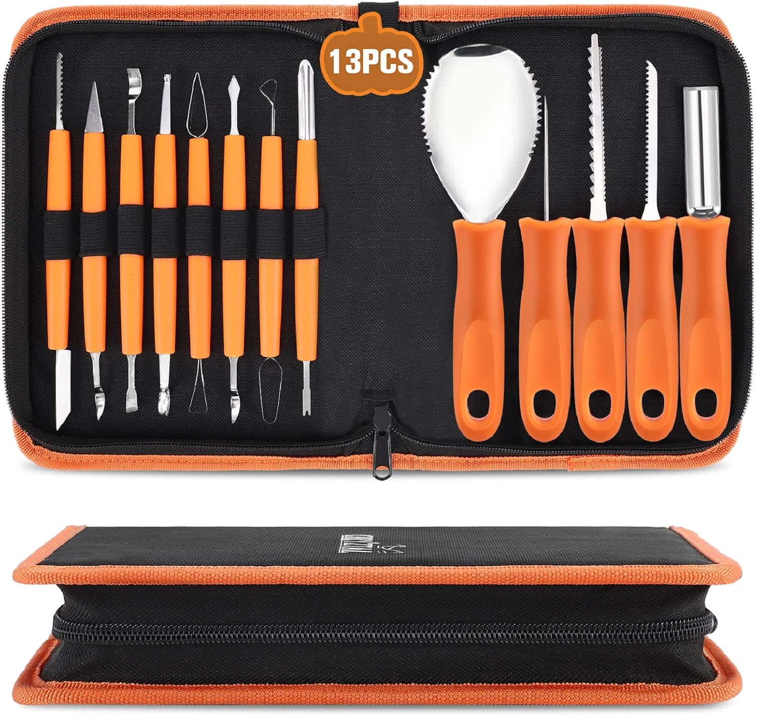 Kit de tallado de calabaza para Halloween, 13 piezas, juego profesional de tallado resistente, acero inoxidable de doble cara, kit de tallado para