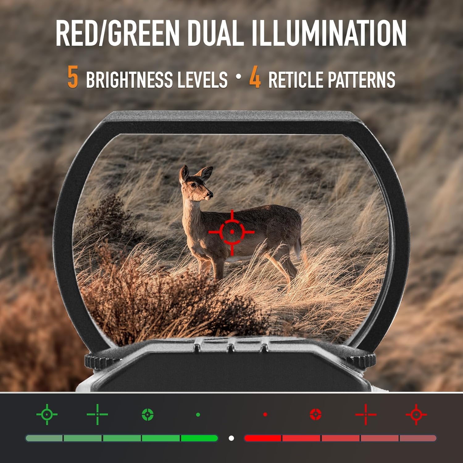 Pinty Mira de punto rojo con mira láser integrada, óptica de visión refleja de 4 patrones de retícula, punto rojo y verde 2MOA, 5 niveles de brillo