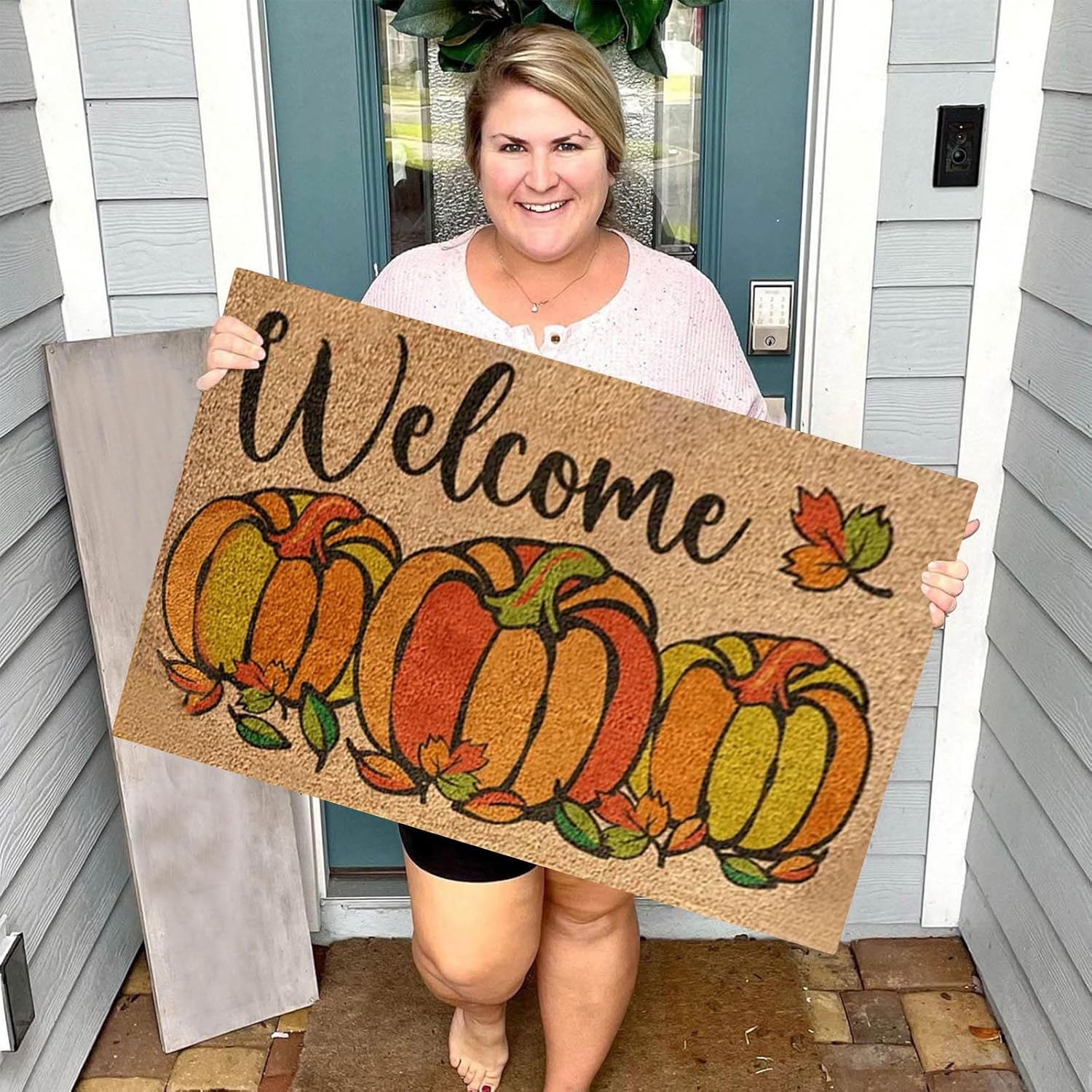 Tapete de bienvenida con diseño de calabaza de otoño, para exteriores, para puerta delantera, hojas de arce, antideslizante, para casa de campo,