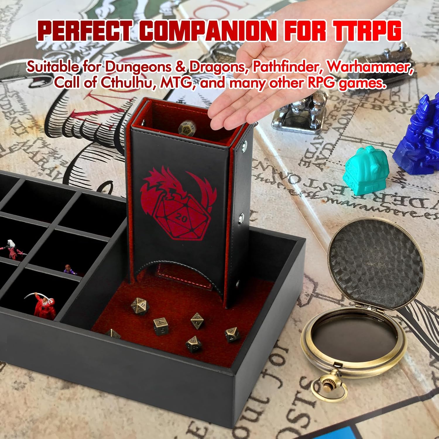 Bandeja de dados DND y caja de almacenamiento de torre, 4 en 1, estuche para dados D&D (bandeja rodante de dados, torre de rodillos de dados,