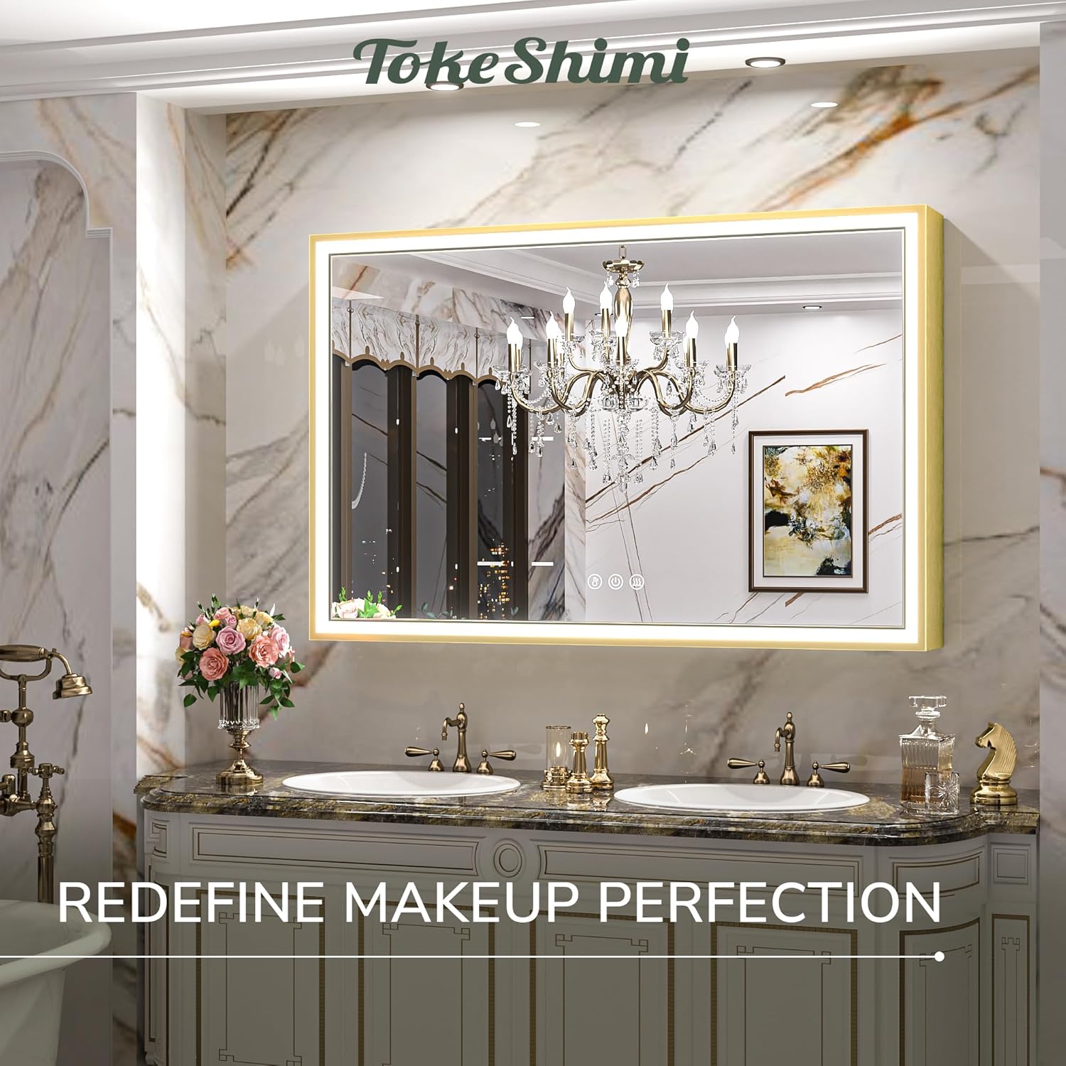 TokeShimi Espejo de tocador de baño LED dorado de 48 x 30 pulgadas para pared con luz biselada en ángulo de 45, 3 colores, antivaho, marco mate de