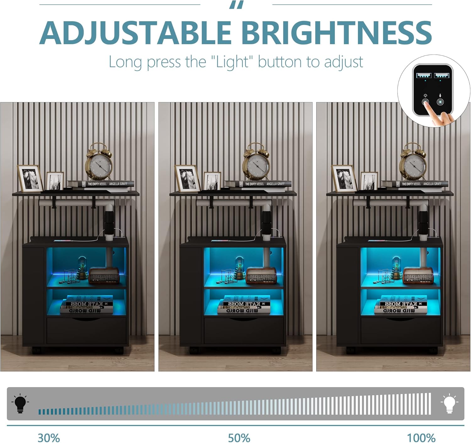 dnbss Juego de 2 mesitas de noche LED, mesa de noche moderna, mesita de noche inteligente con estación de carga USB, cajón de almacenamiento,