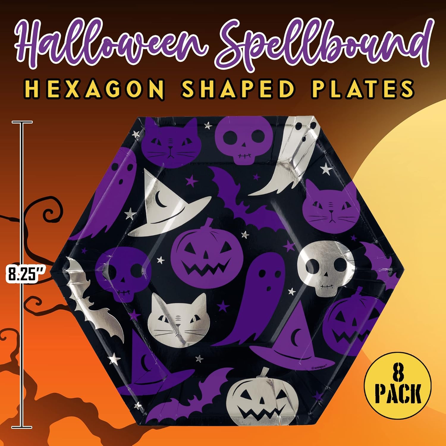 Unique Vajilla desechable de Halloween para 8 platos de cena y postre, 20 servilletas de almuerzo, decoraciones de papel negro y plateado