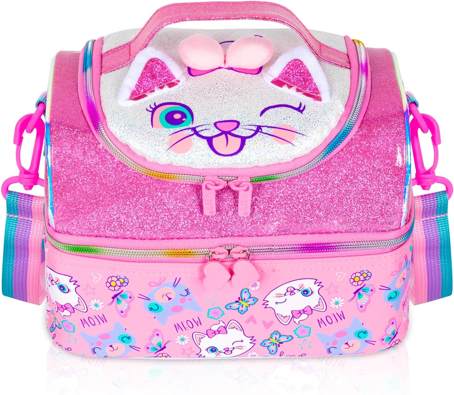 Bolsa de almuerzo aislada de dos pisos para niños, niñas, hombres, mujeres, con correa ajustable, gato