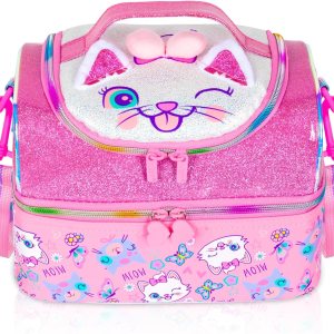 Bolsa de almuerzo aislada de dos pisos para niños, niñas, hombres, mujeres, con correa ajustable, gato Bolsa de almuerzo aislada de dos pisos para niños, niñas, hombres, mujeres, con correa ajustable, gato