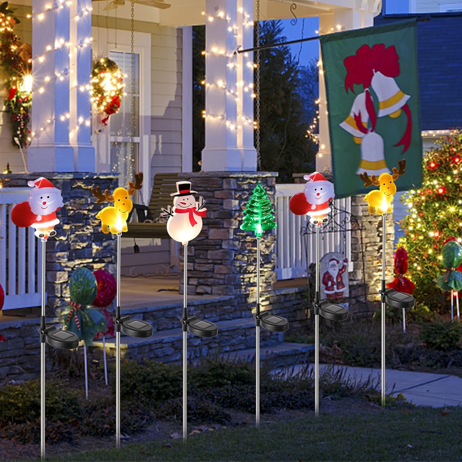 Glintoper Paquete de 4 luces solares de Navidad para exteriores, Papá Noel, muñeco de nieve, árbol de Navidad y reno con estacas de jardín,