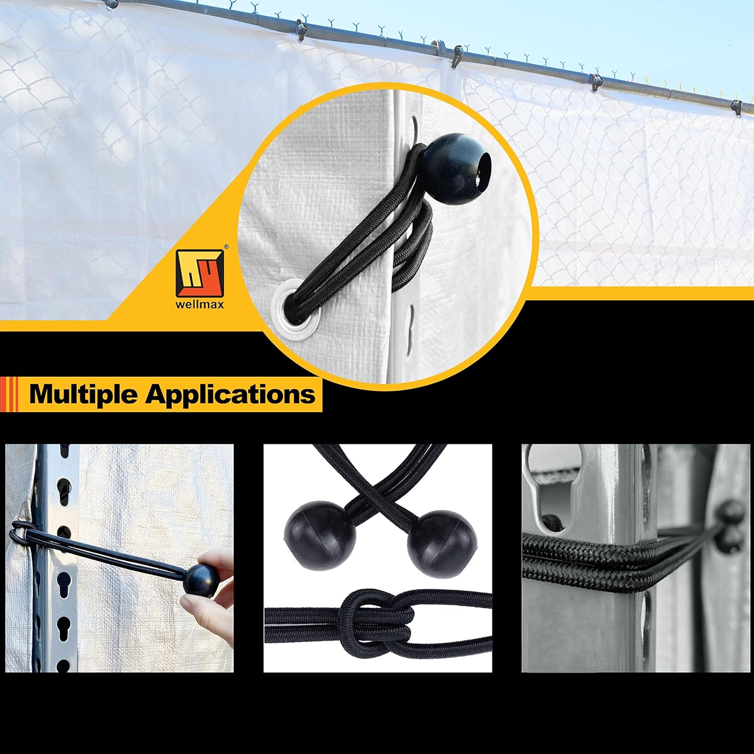 Wellmax – Cuerda elástica para toldo de 9 pulgadas, 50 piezas, resistente de 0.197 in, color negro