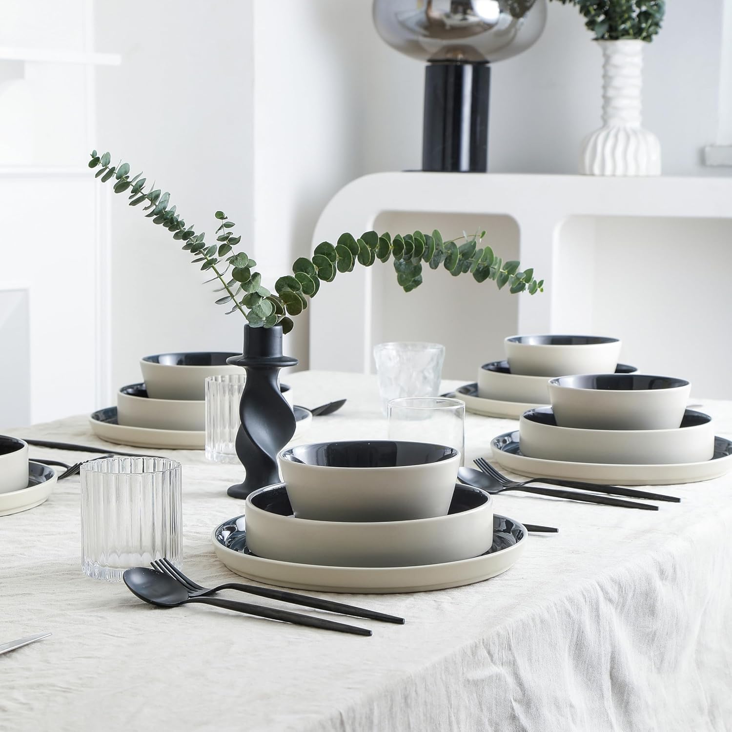 Stone Lain Elica – Vajilla de 12 piezas de gres, color negro y beige