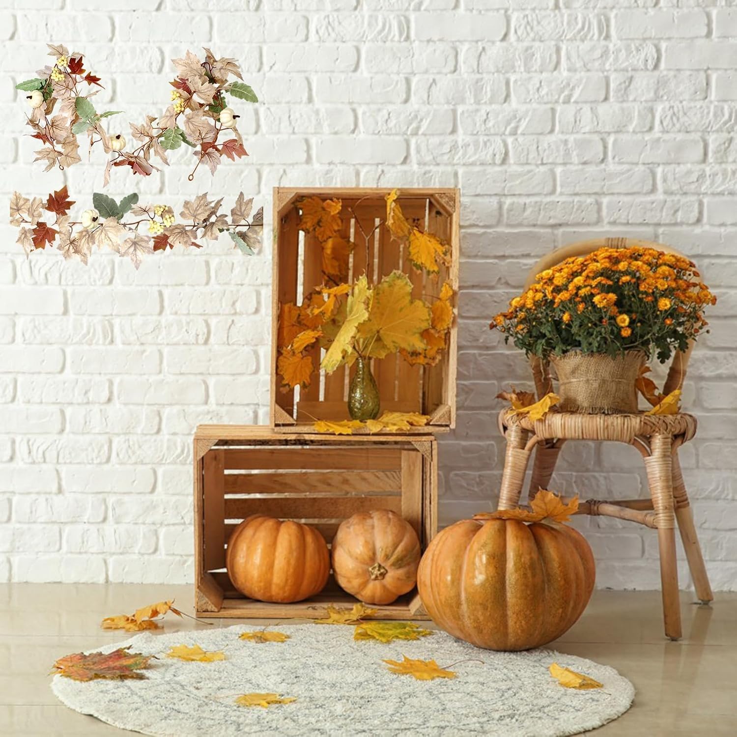 Guirnalda de hojas de arce de Halloween de 5.6 pies, calabaza blanca, vid de hojas de arce para Navidad, granja, decoración de otoño, decoración