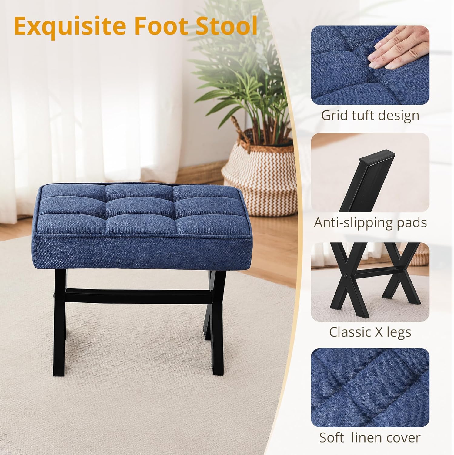 LUE BONA Taburete para pies, taburetes pequeños de 12 pulgadas de alto, reposapiés de tela resistente con patas en X de metal, reposapiés acolchado,
