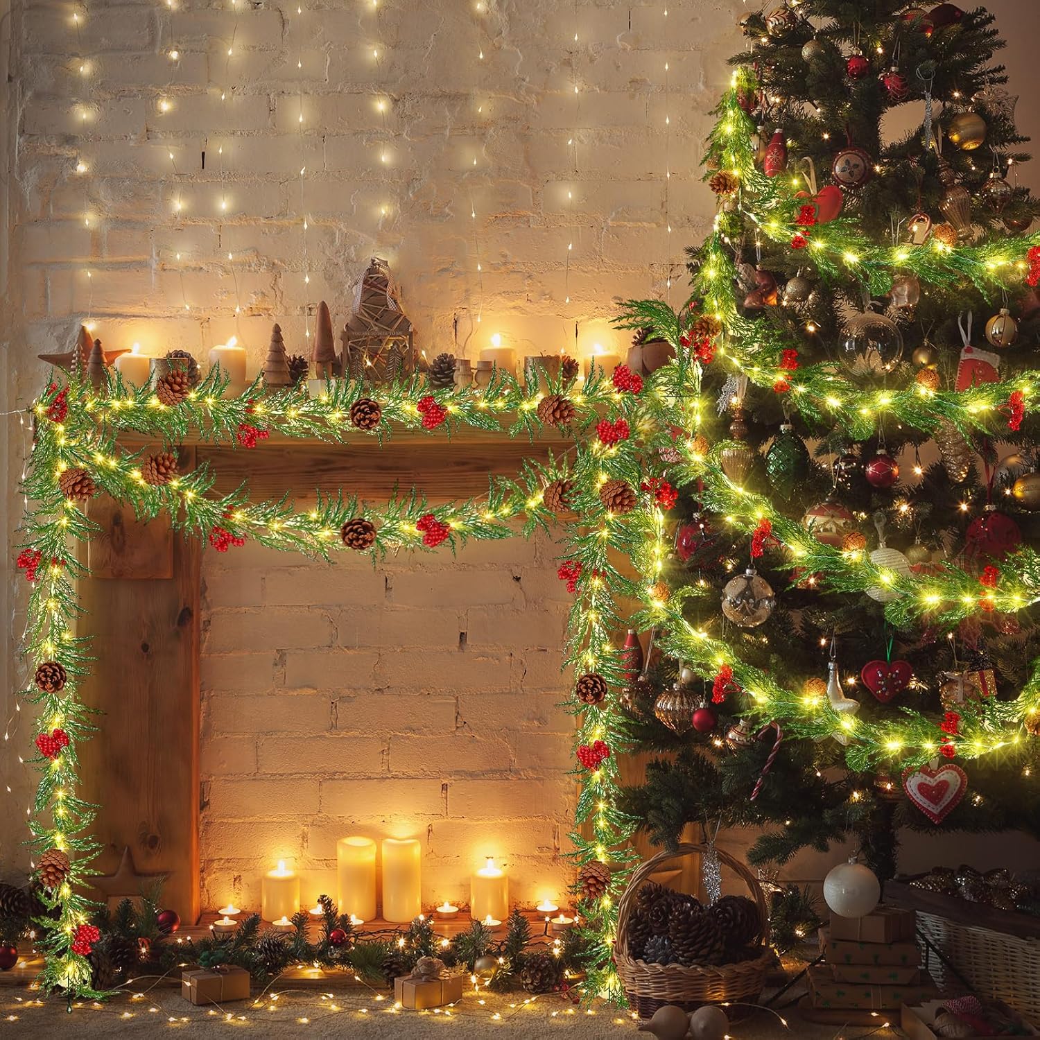 Sosation 8 juegos de guirnaldas de Navidad iluminadas de 6 pies con luces, guirnalda de vegetación artificial preiluminada con bayas rojas de pino