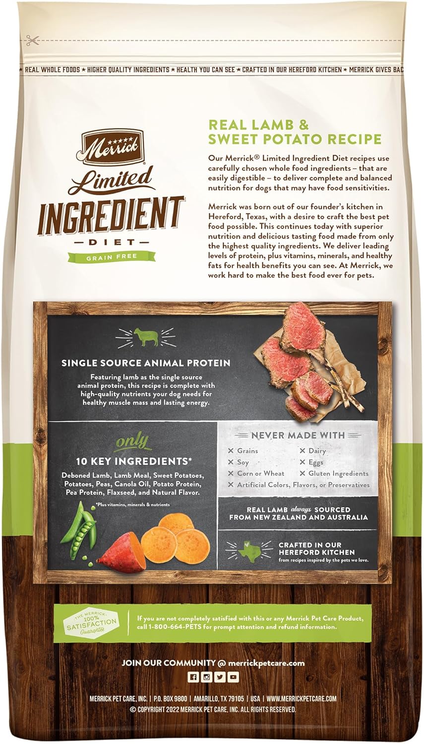 Merrick Alimento seco para perros sin cereales de ingredientes limitados, croquetas premium y saludables con cordero y batata, bolsa de 4.0 libras