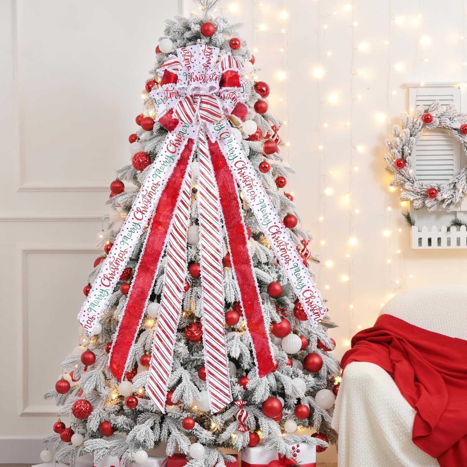Decoración para árbol de Navidad, lazo de corona de Navidad, 45 x 12 pulgadas, arpillera grande con borde de poliéster blanco y rojo, lazo de regalo