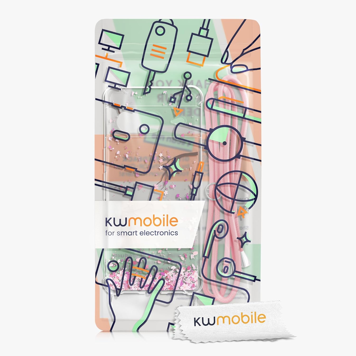 kwmobile Funda cruzada compatible con Google Pixel 8, diseño de flores de cerezo rosa, marrón oscuro, transparente