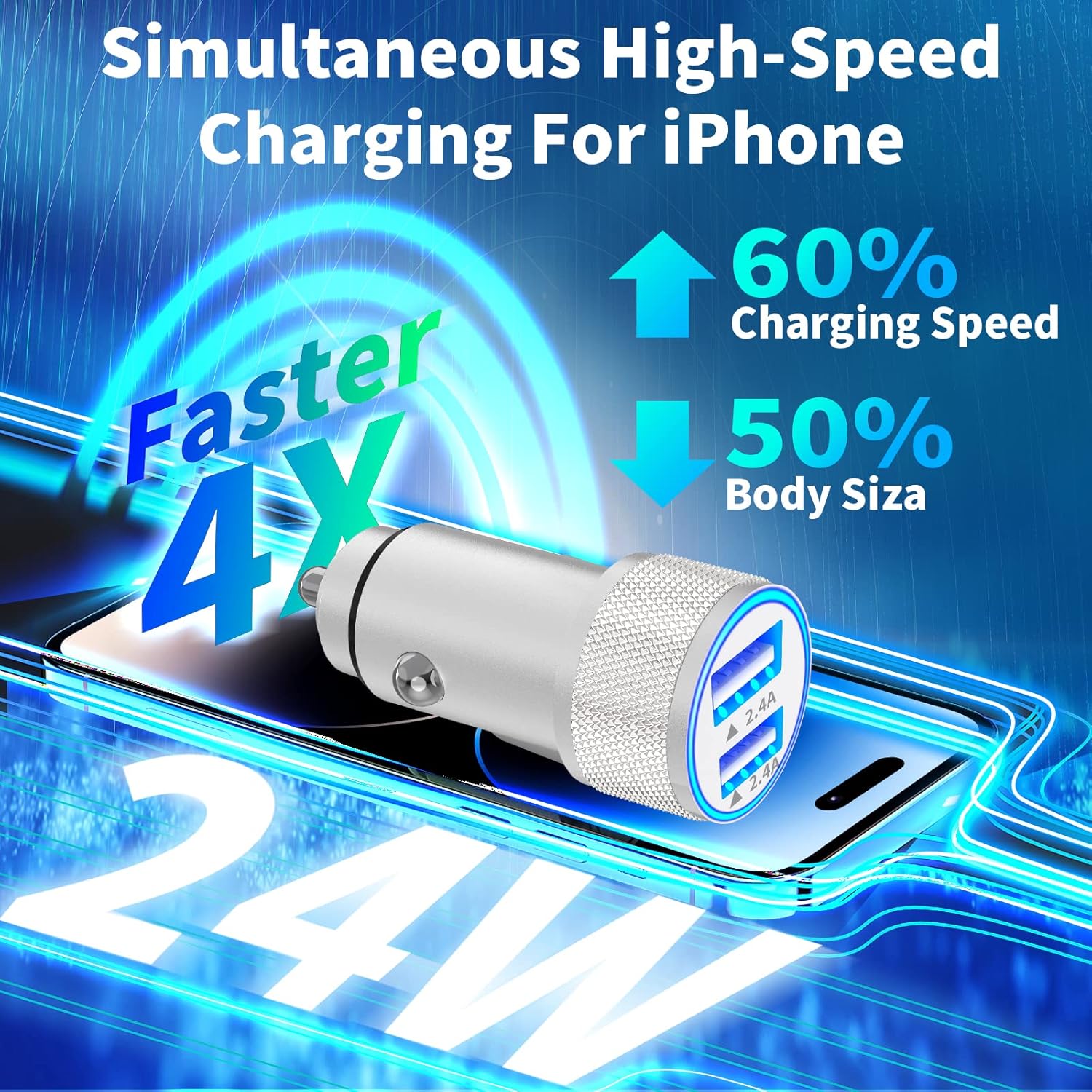 iPhone Car Charger Fast Charging, Apple MFi Certified 4.8A Dual USB All Metal Rapid Power Car Charger with 2 Pack Lightning Cord Quick Car Charging