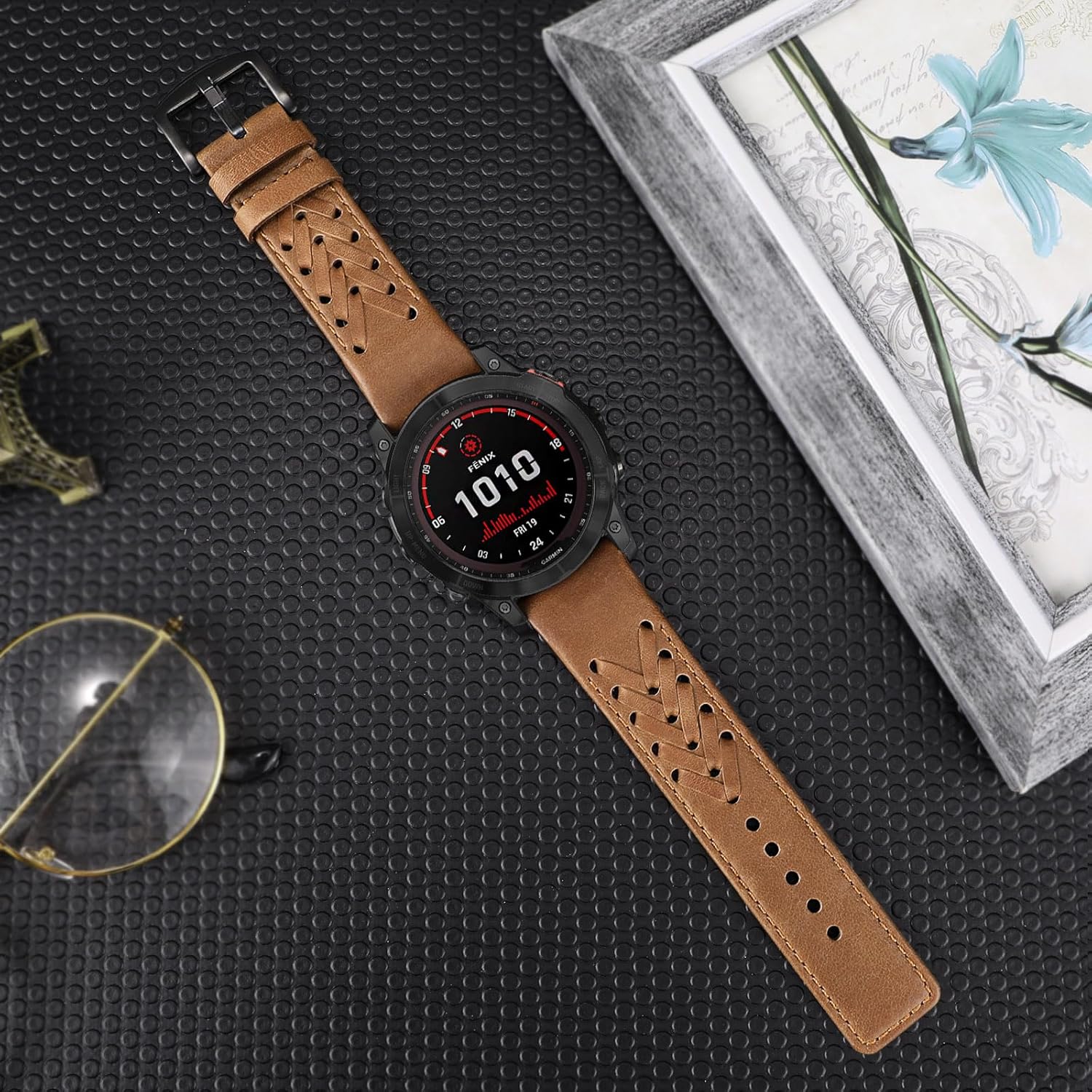 TRUMiRR Correa de reloj para Fenix 7X Pro Sapphire Solar  6X Pro  5X Plus, correa de reloj de piel de 1.024 in con patrón en V para Garmin Instinct