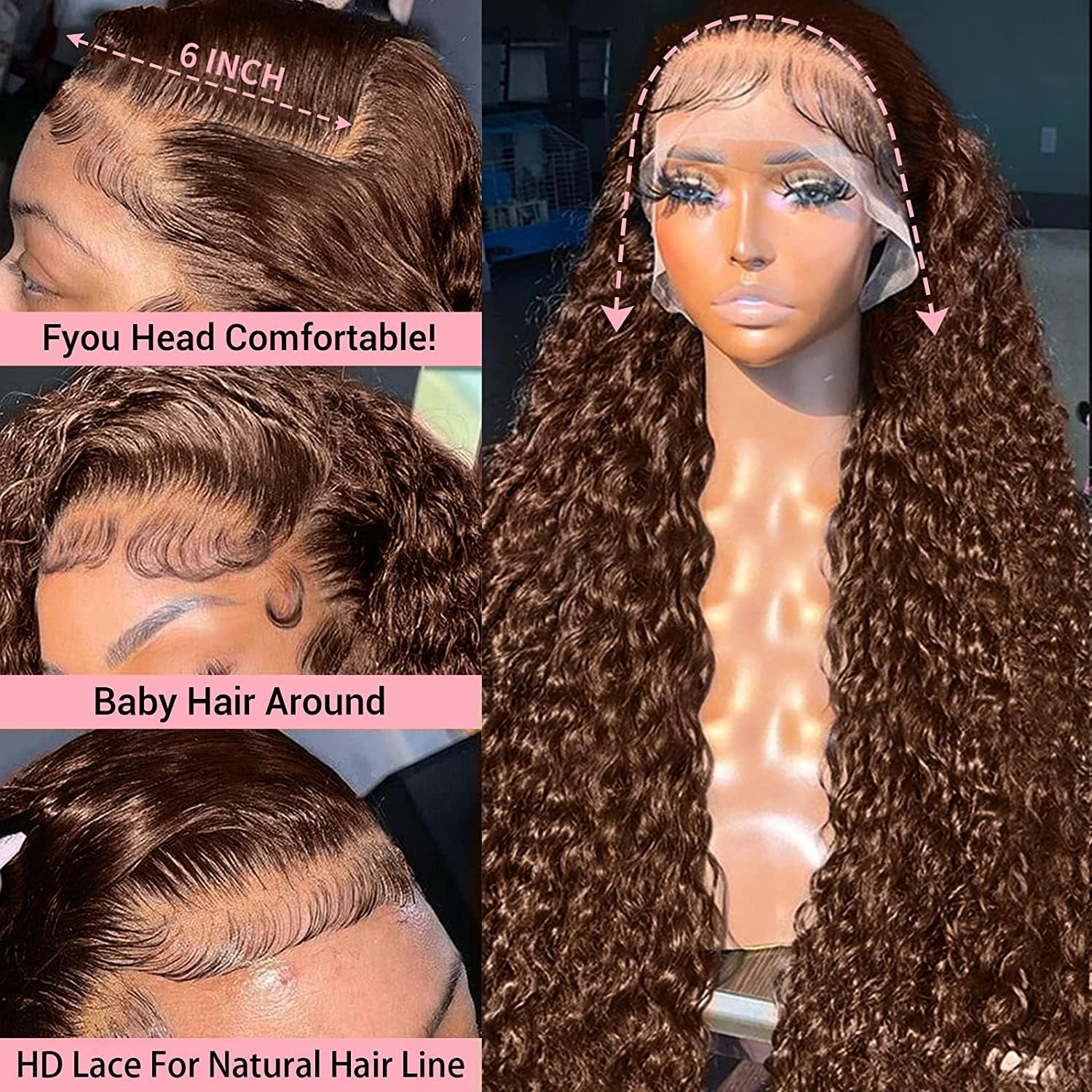 Pelucas de cabello humano rizado rizado con encaje frontal transparente HD de 13 x 6 pulgadas, densidad del 200 %, con abuelitos, color marrón 4#