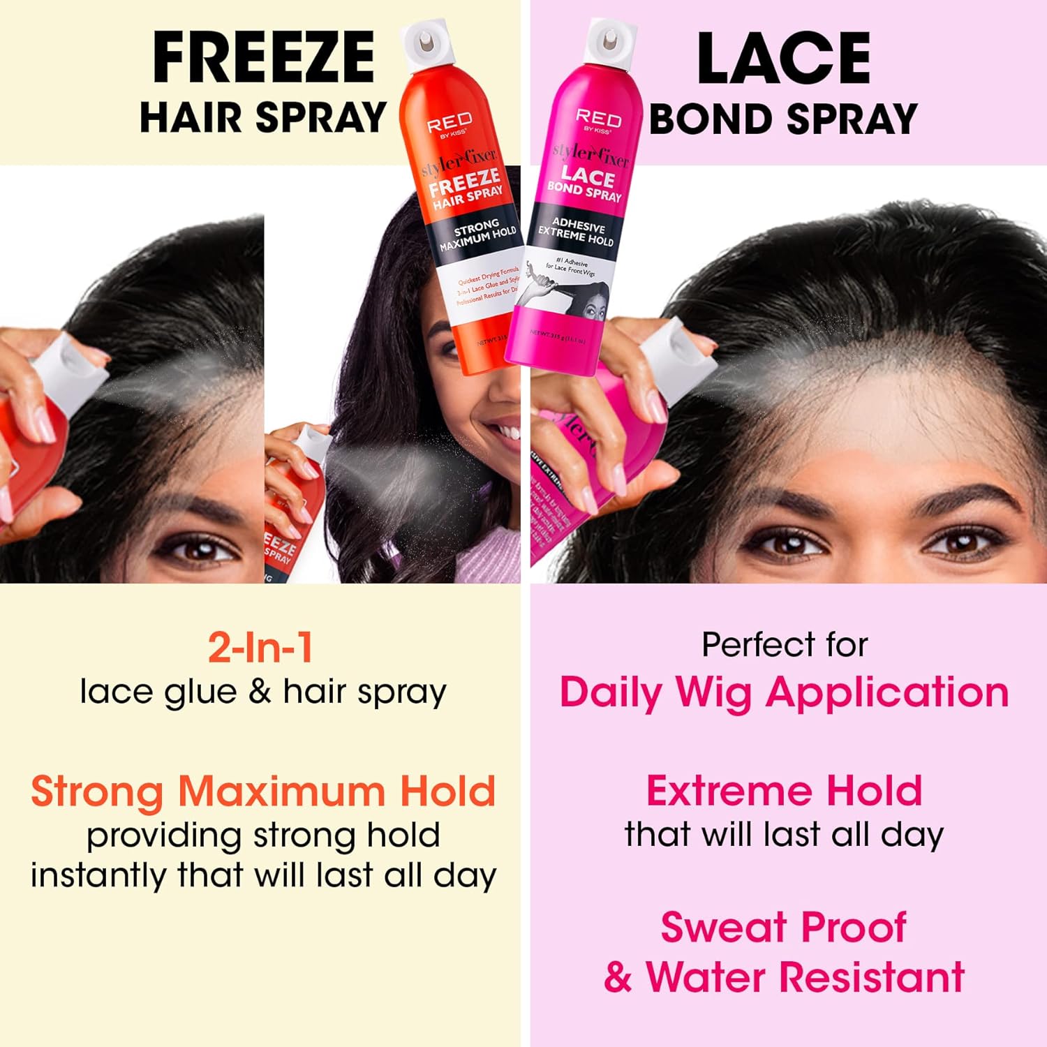 Red by Kiss Styler Fixer Freeze Spray para el cabello Fuerte Máxima Hold 2 en 1 Pegamento de encaje y peinado 11oz