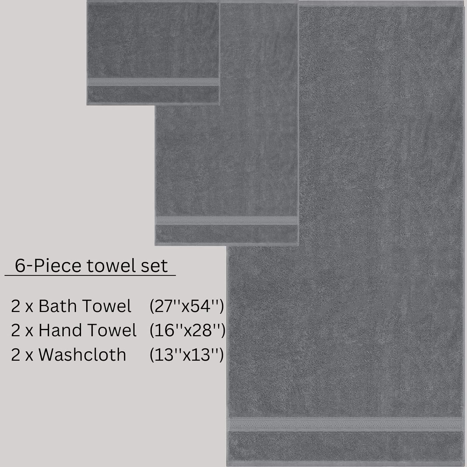Juego de 6 toallas de algodón turco, contiene 2 toallas de baño, 2 toallas de mano, 2 paños de lavado, toallas altamente absorbentes para baño,