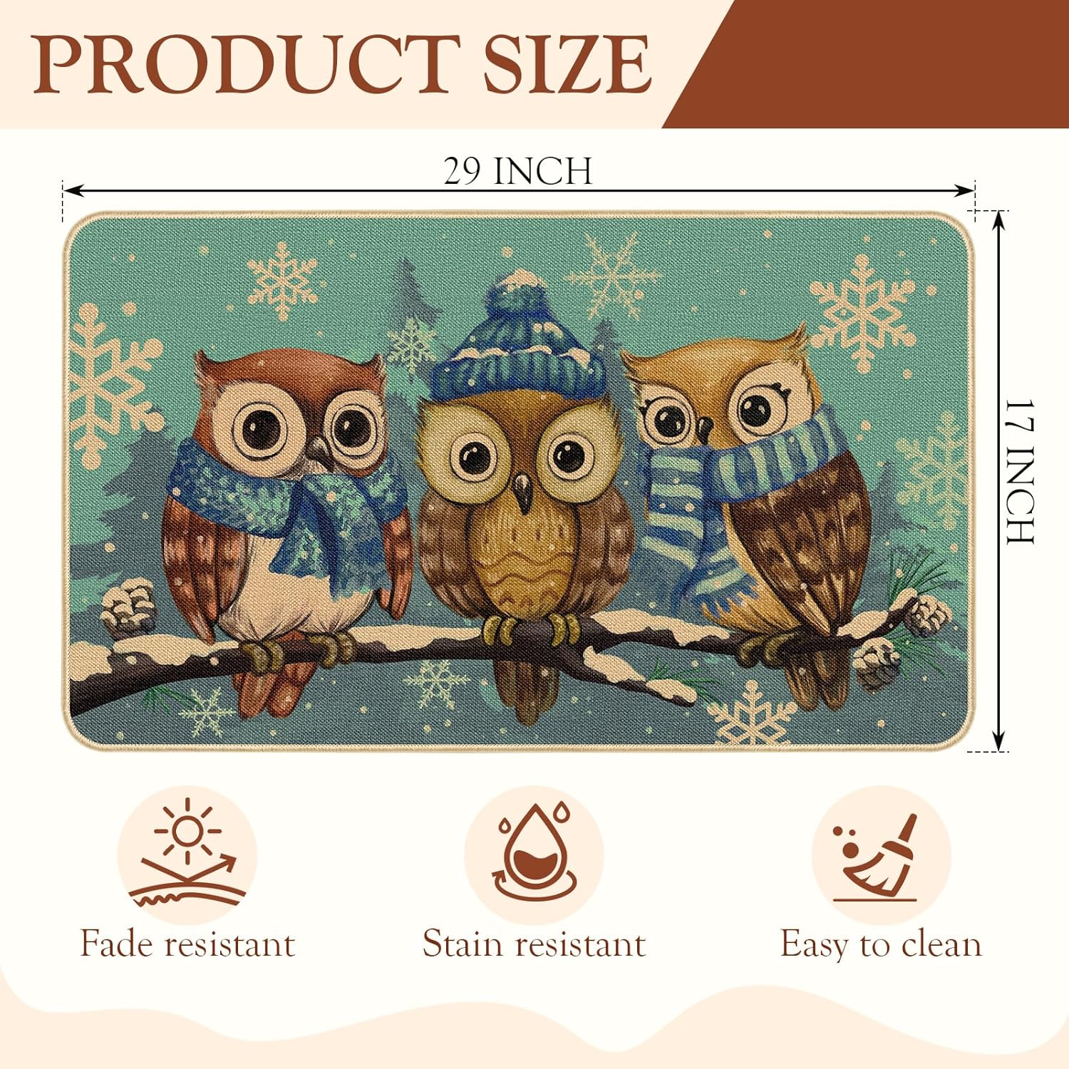 Tapete para puerta de invierno, antideslizante, con diseño de búho, para Navidad, invierno, copos de nieve, decoración del hogar, 29 x 17 pulgadas,