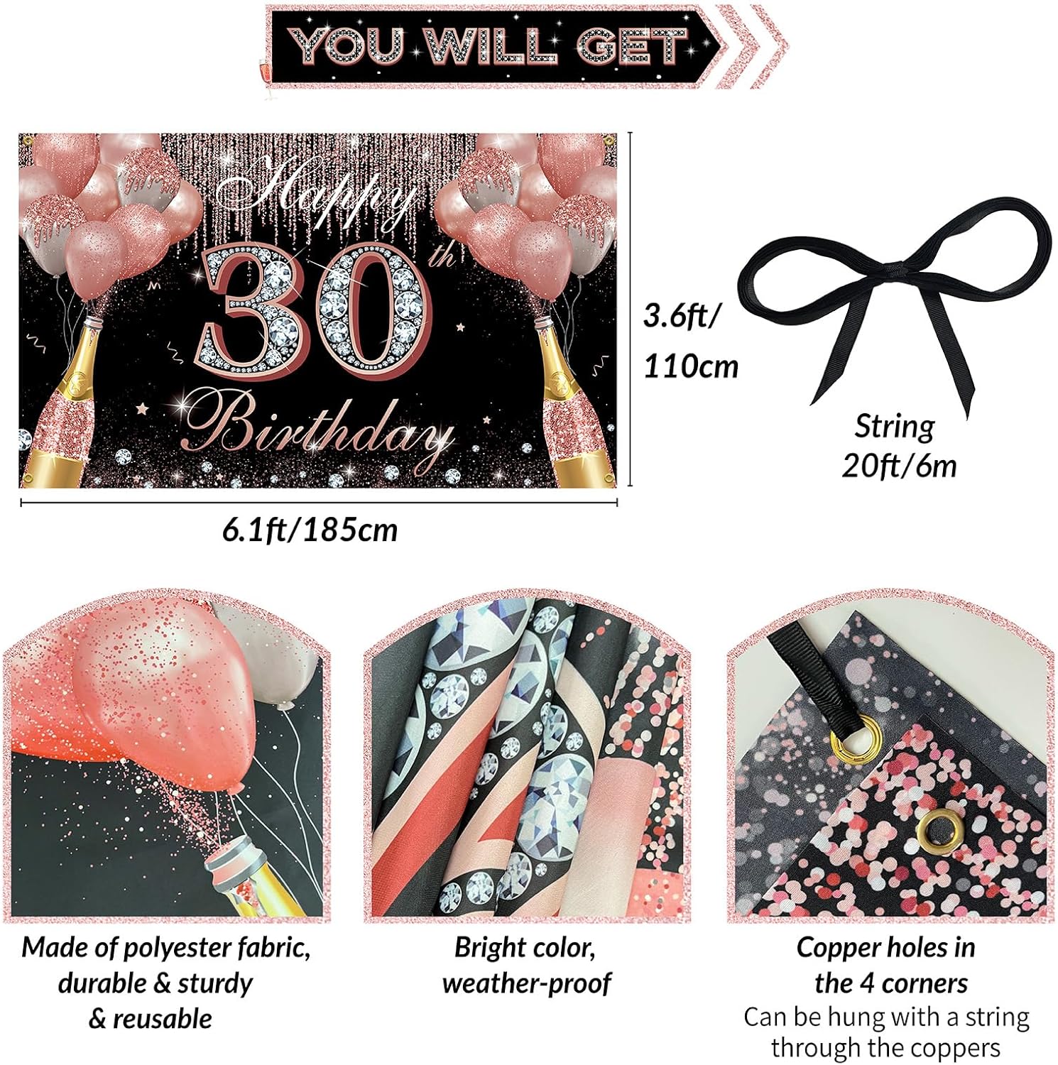 Decoraciones de feliz cumpleaños 30 para mujer, color oro rosa, pancarta de fondo de fiesta de cumpleaños de 30 años, cartel de treinta cumpleaños
