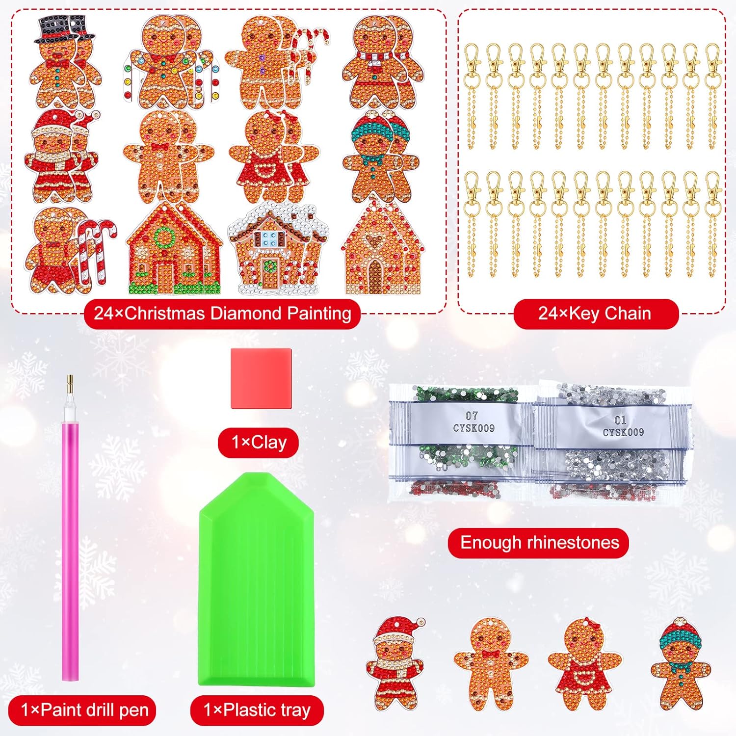 Kit de 24 llaveros de pintura de diamantes de Navidad, adornos de pintura de diamantes, llaveros de arte de diamantes para colgar, llavero 5D,
