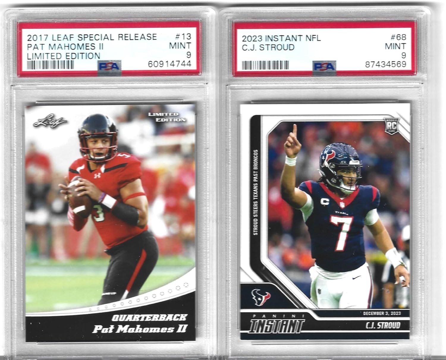 MINT PSA 9 PATRICK “PAT” MAHOMES & C.J. STROUD 2 CARD ROOKIE LOT LEAF & PANINI GRADED PSA MINT 9 SUPERSTAR QUARTEBACKS
