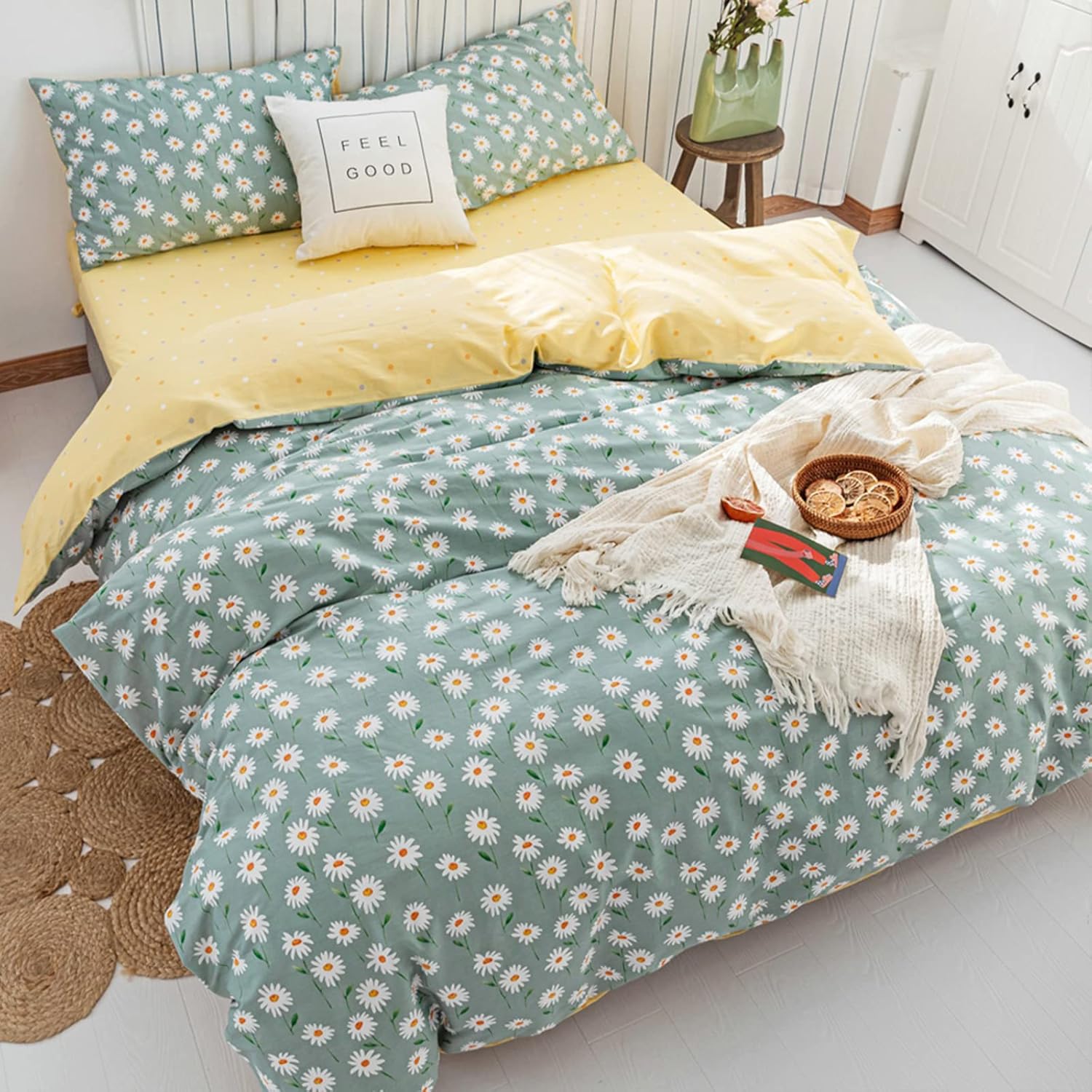 HighBuy Juego de funda de edredón floral verde salvia, tamaño individual, de algodón suave, estampado floral de margaritas en verde, funda de