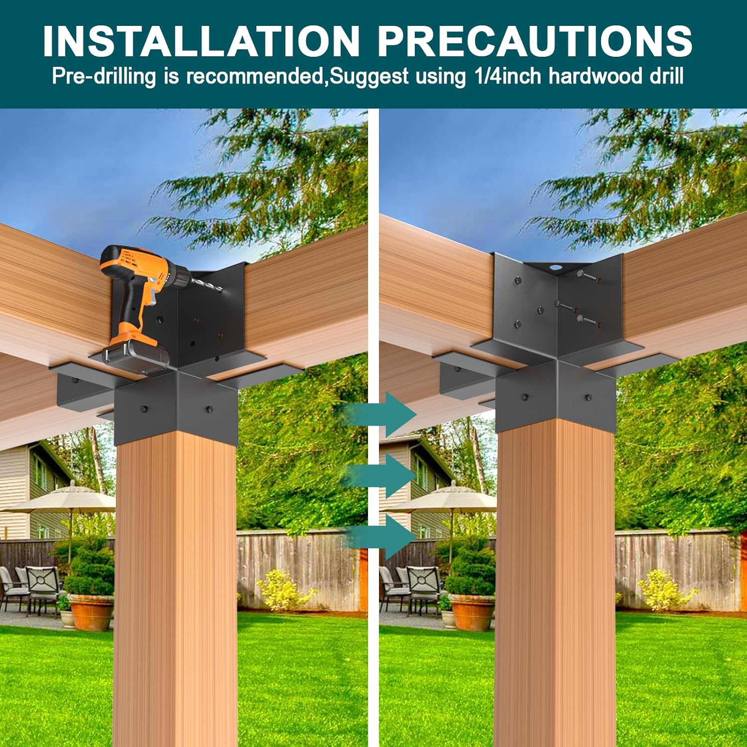 Kit de soportes de pérgola de 6 x 6, soportes de esquina de madera recubiertos de polvo de 4 vías, 2 hombros de soporte y 2 bases de postes de