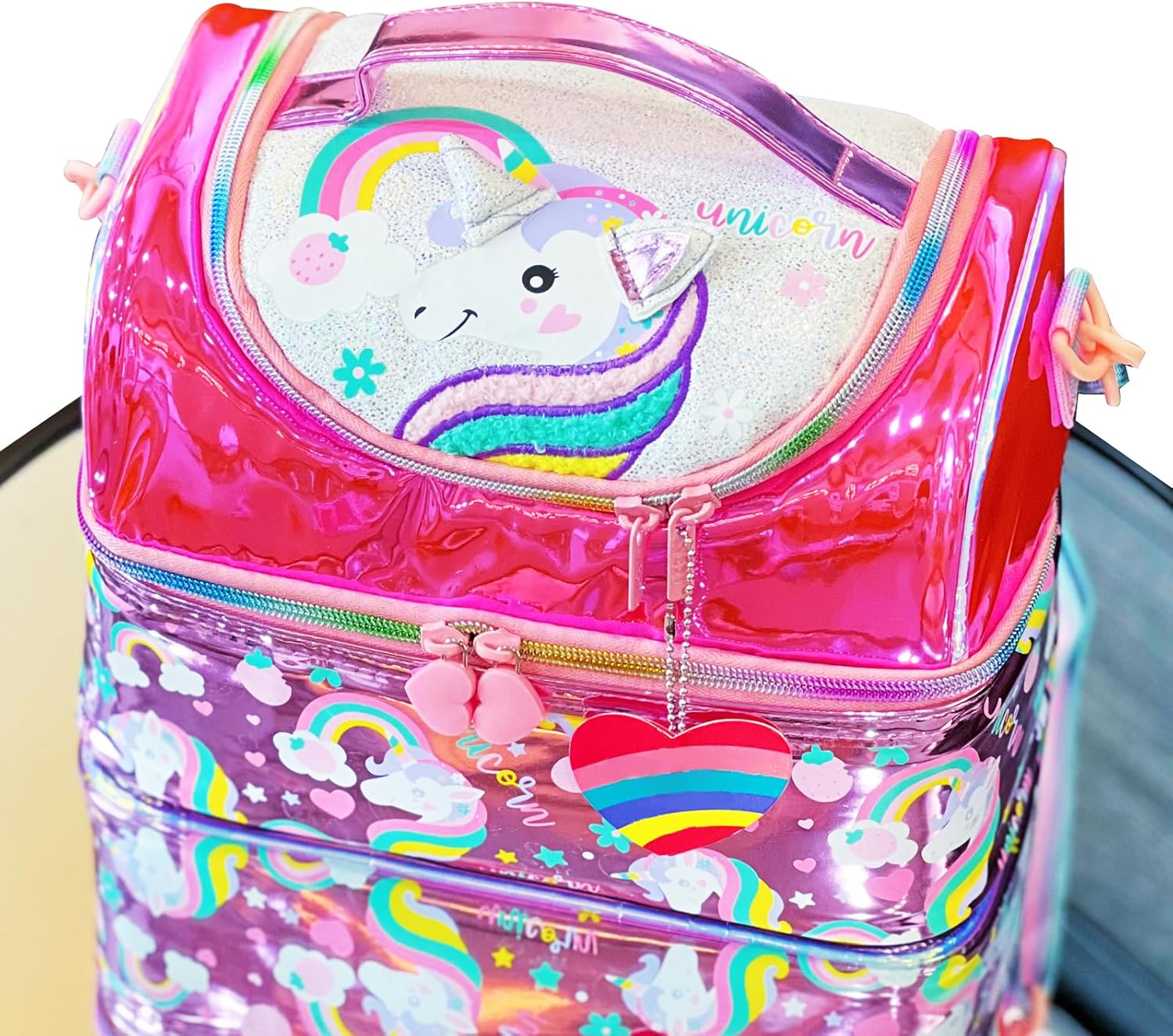 YOYTOO Bolsa de almuerzo aislada de dos pisos para niños, niñas, hombres, mujeres, con correa ajustable, unicornio