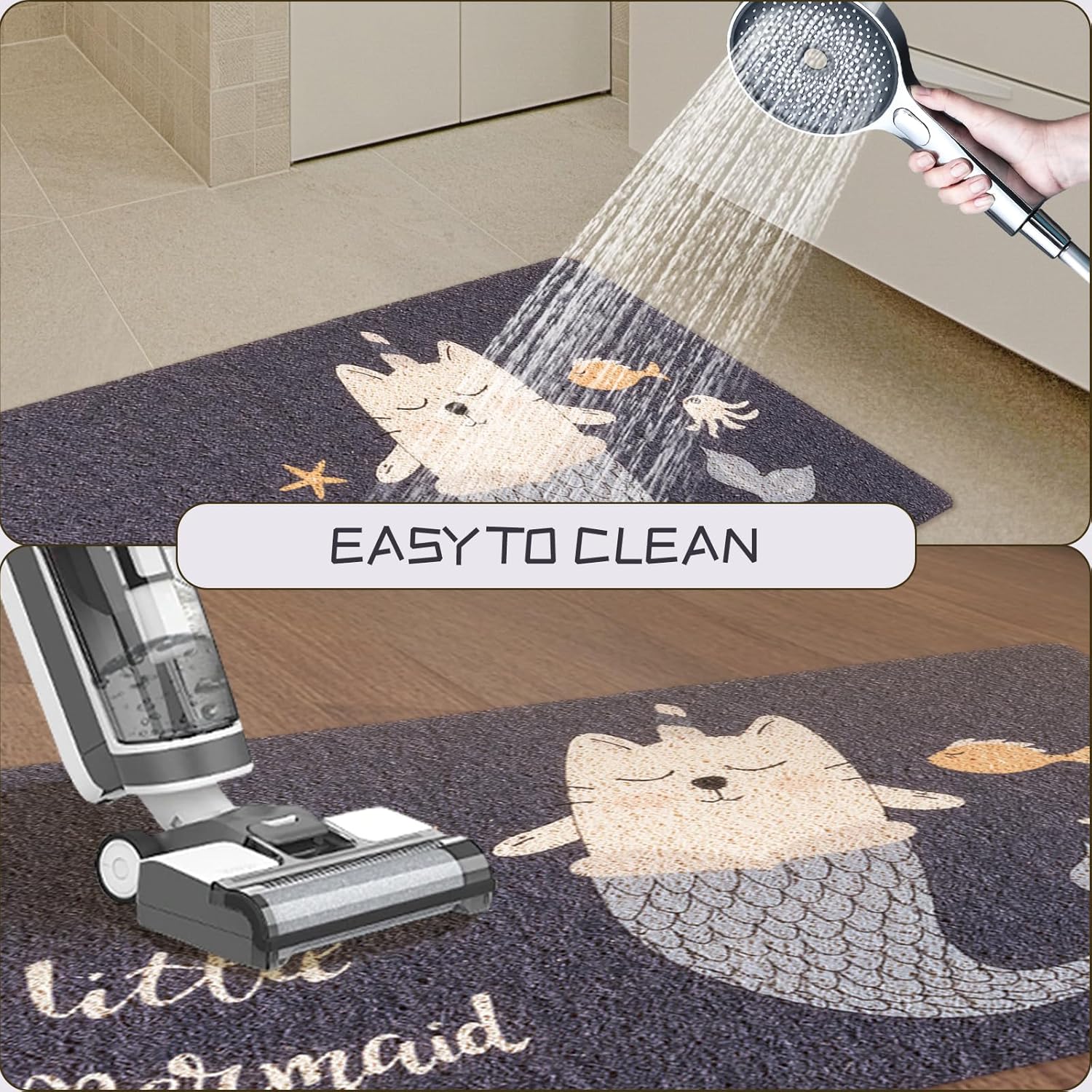 QWINEE Tapete de arena para gatos con estampado de dibujos animados para puerta, accesorios de alimentación antideslizante, perfil bajo, fácil de
