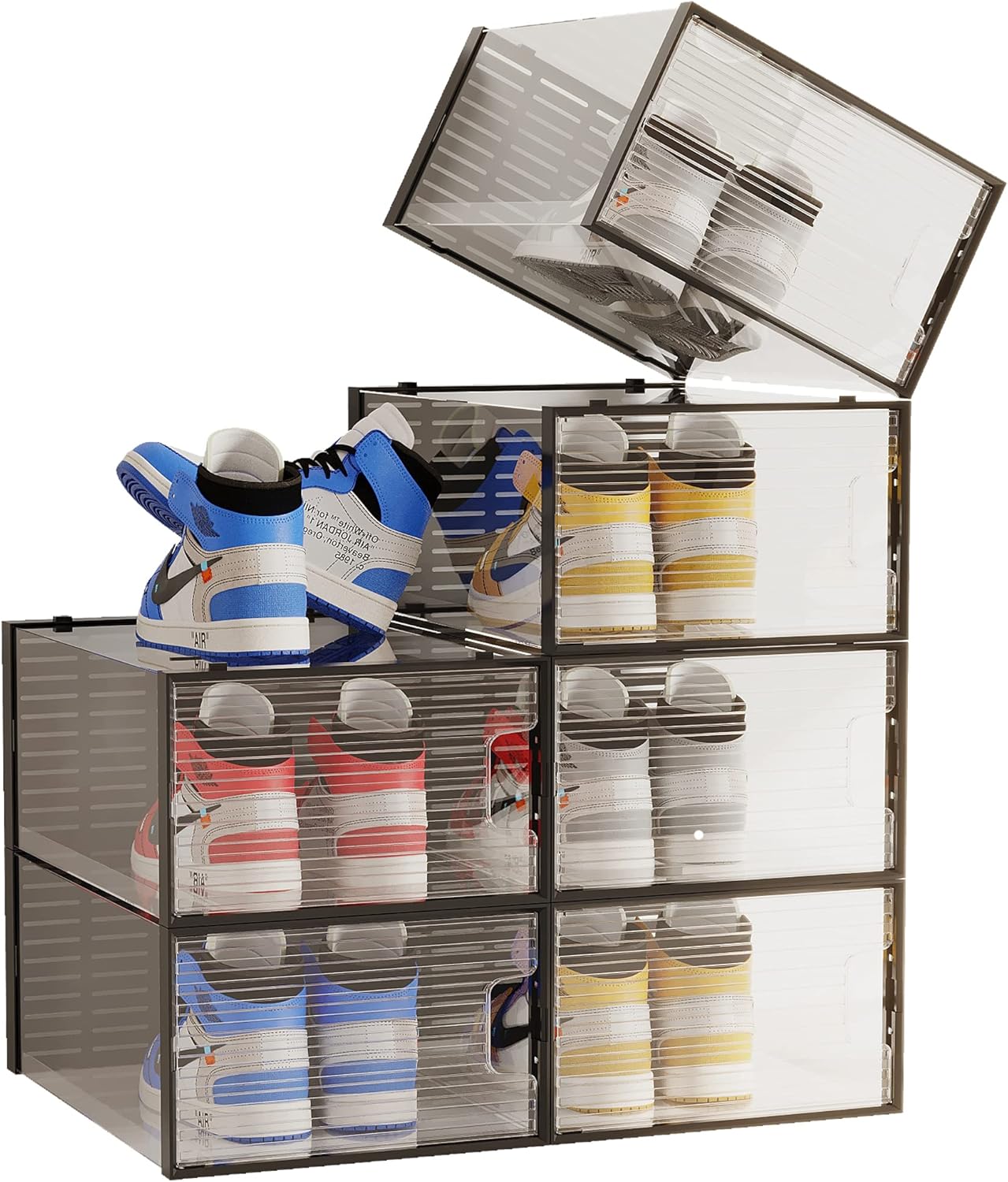 WAYTRIM Cajas de zapatos apilables, organizador de zapatos apilable de plástico transparente para armario, ahorro de espacio, contenedores plegables