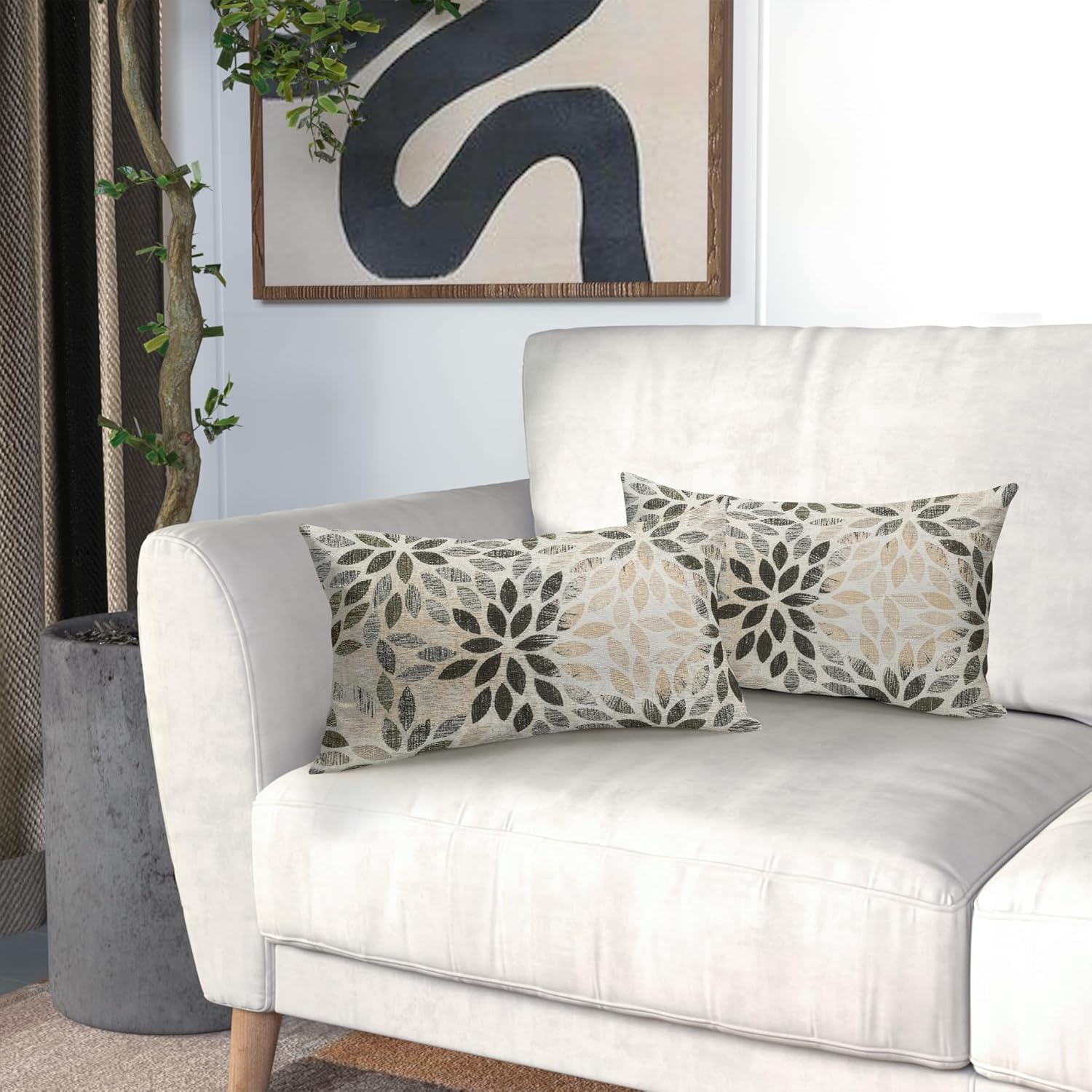 Juego de 2 fundas de almohada lumbar de dalia marrón de 12 x 20 pulgadas, fundas de almohada rectangulares decorativas con flores geométricas