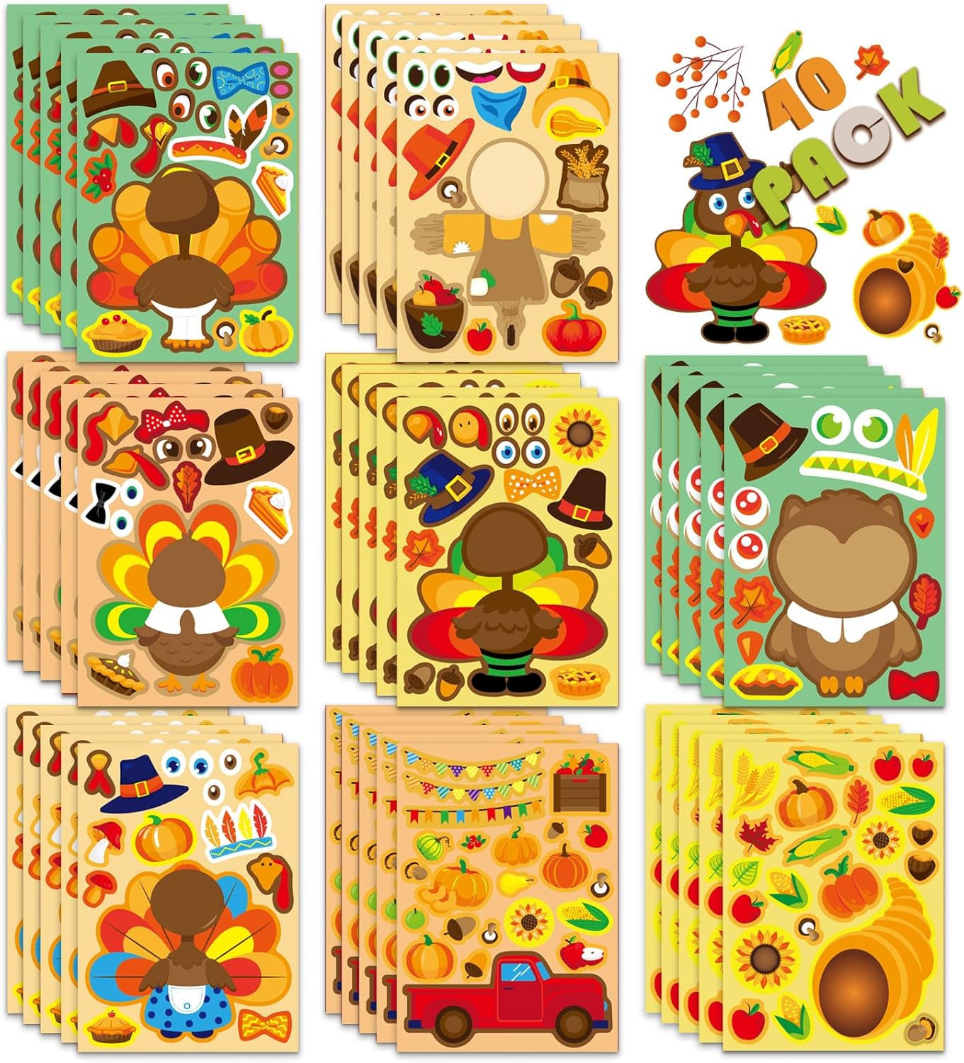 Calcomanías de Acción de Gracias para niños, 40 hojas de calcomanías de cara de pavo, regalos de fiesta de Acción de Gracias, suministros de juegos