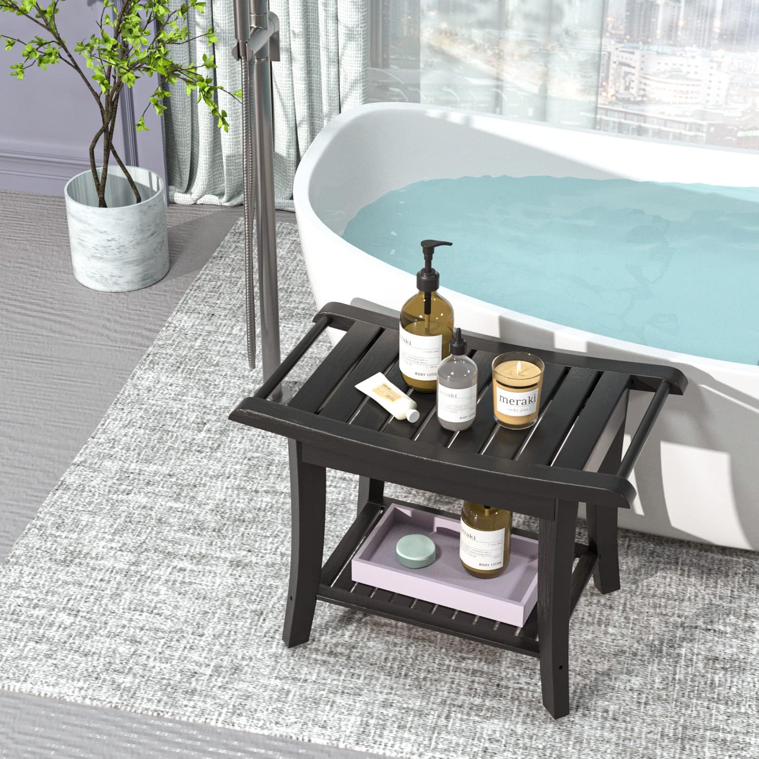 Taburete de ducha de bambú impermeable con estante de almacenamiento para afeitarse las piernas o asiento de baño de spa en el baño y ducha interior