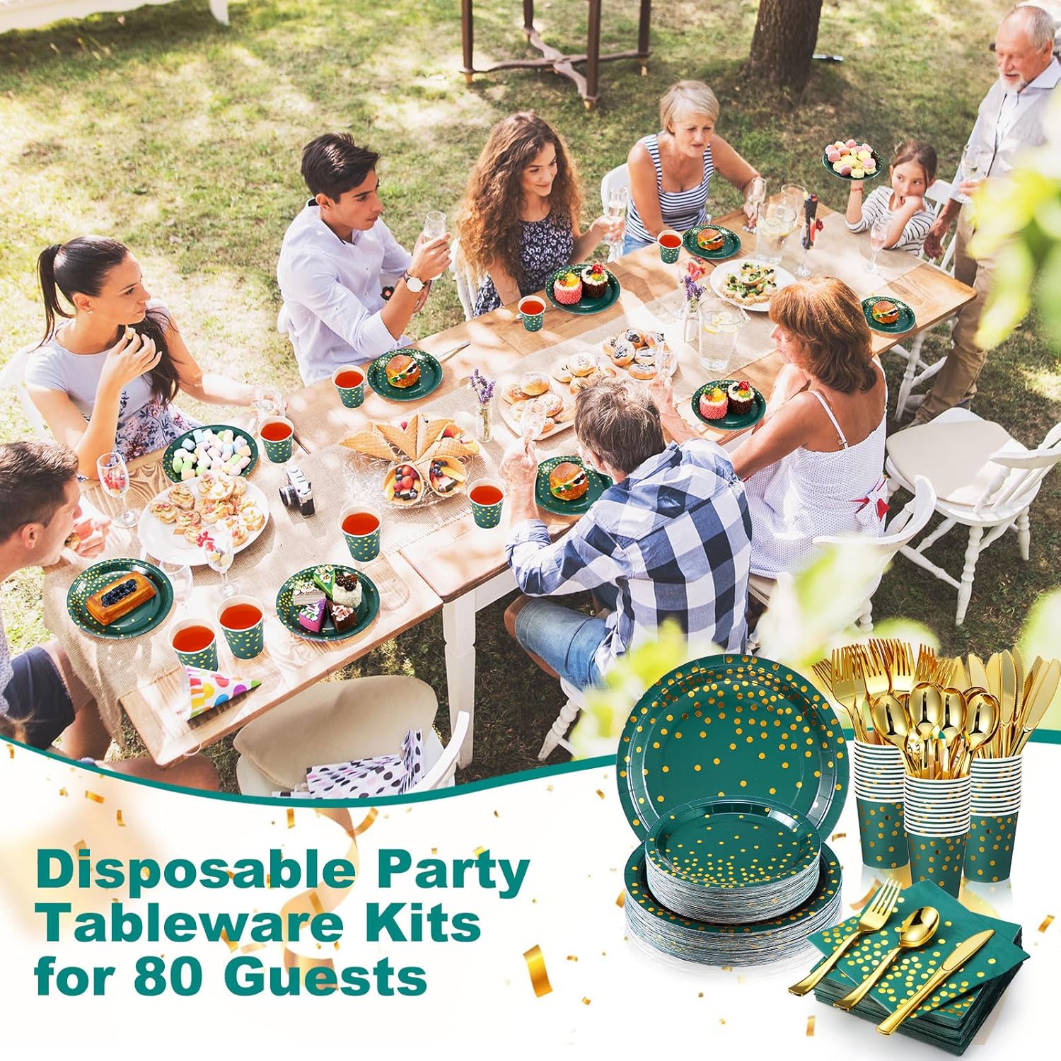 560 piezas de suministros de fiesta verde oscuro y dorado para 80 invitados, juegos de vajilla desechables, platos de papel verde, servilletas,