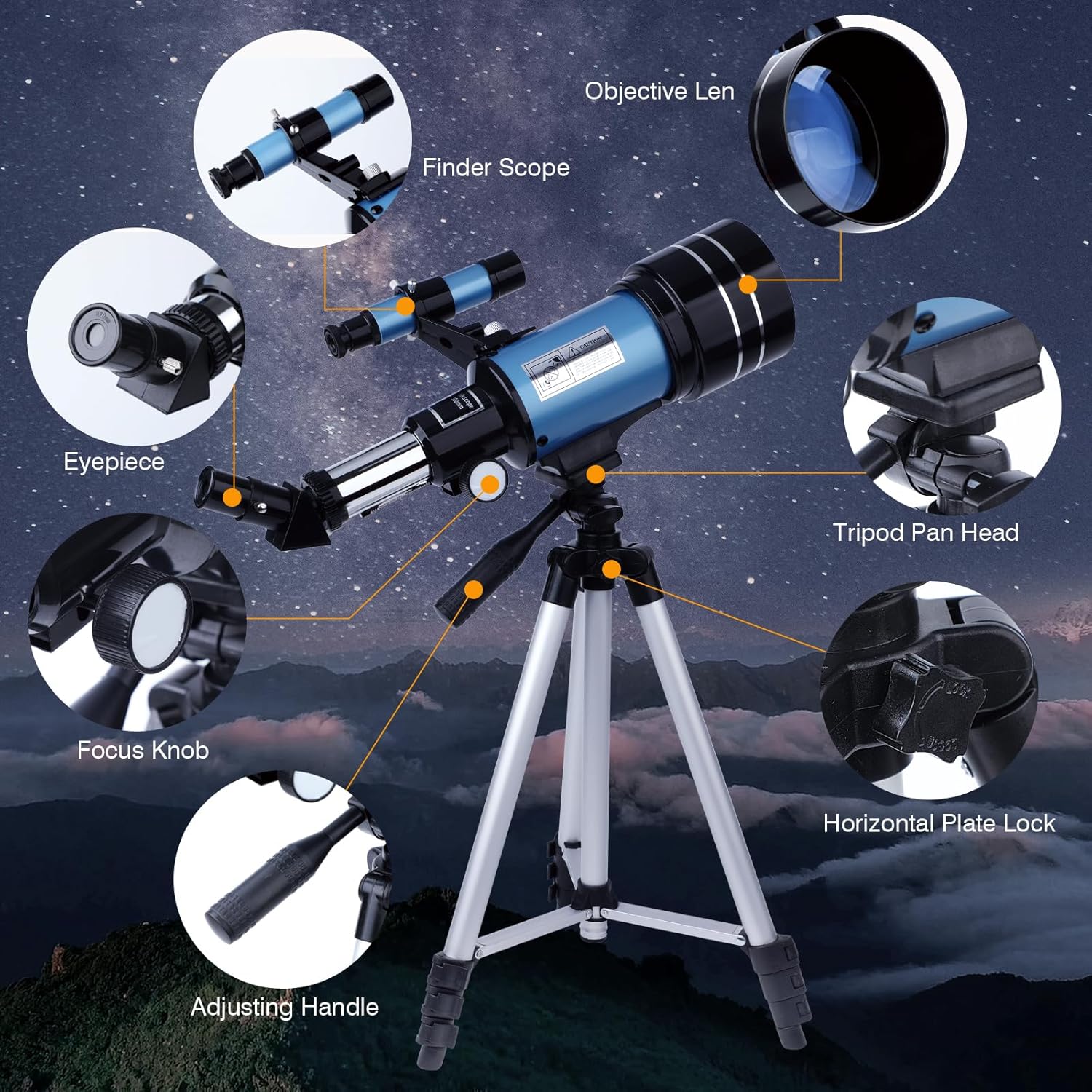 Telescopio, apertura de 2.756 in (15X-150X) telescopios refractores portátiles para adultosniñosprincipiantes en astronomía, telescopio de viaje