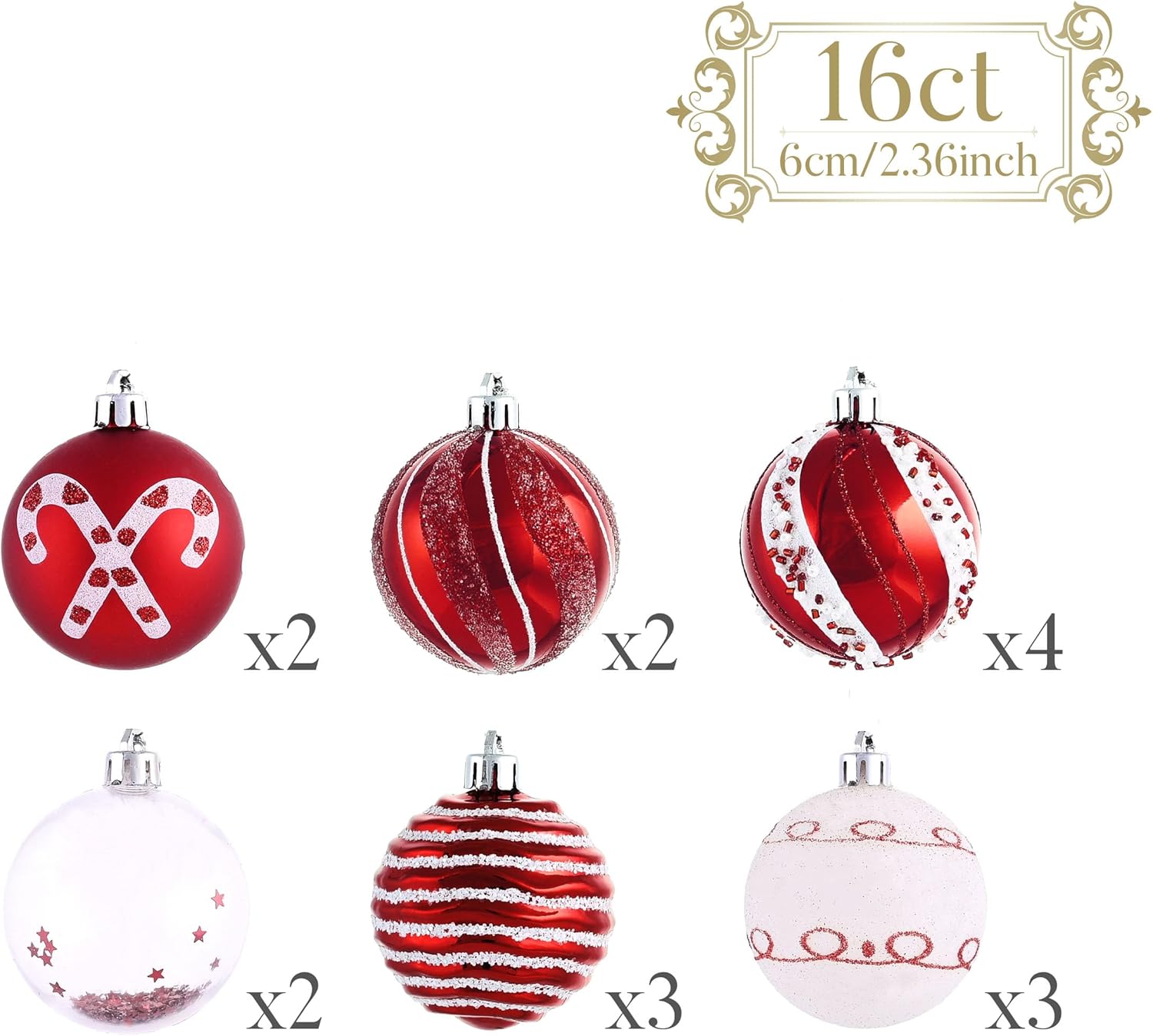 Valery Madelyn Juego de adornos de Navidad, juego de adornos de bolas de Navidad inastillables de 16 quilates, color rojo y blanco, 2.36 pulgadas,
