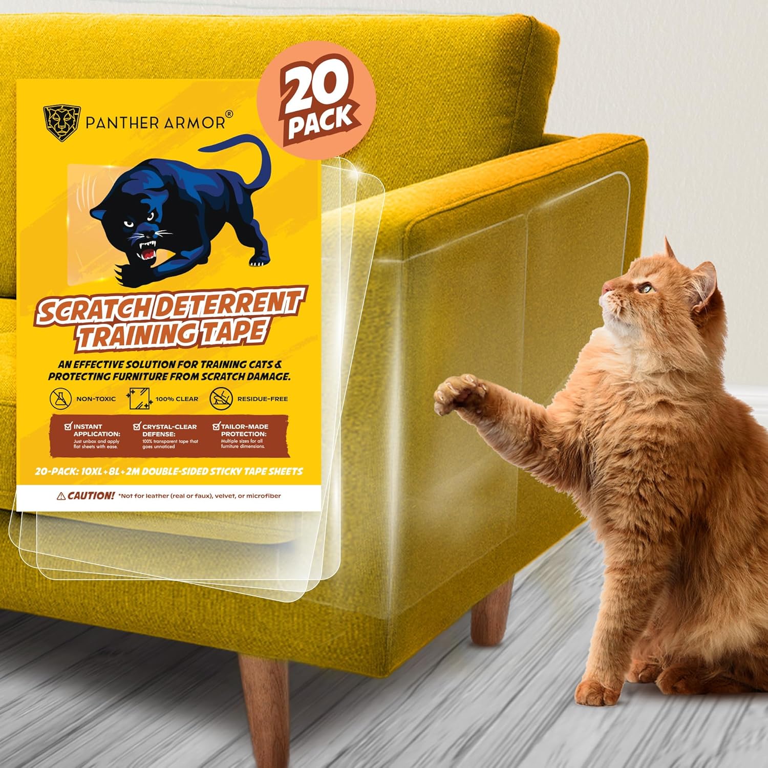 Panther Armor Paquete de 20 protectores de muebles antiarañazos, cinta disuasoria y de entrenamiento para gatos, cintas adhesivas de doble cara,