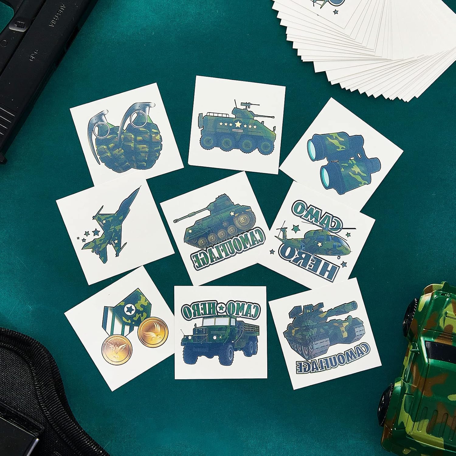 144 hojas de tatuajes de camuflaje camuflaje del ejército recuerdos de fiesta militar tanque helicóptero tatuajes falsos pegatinas para hombres y