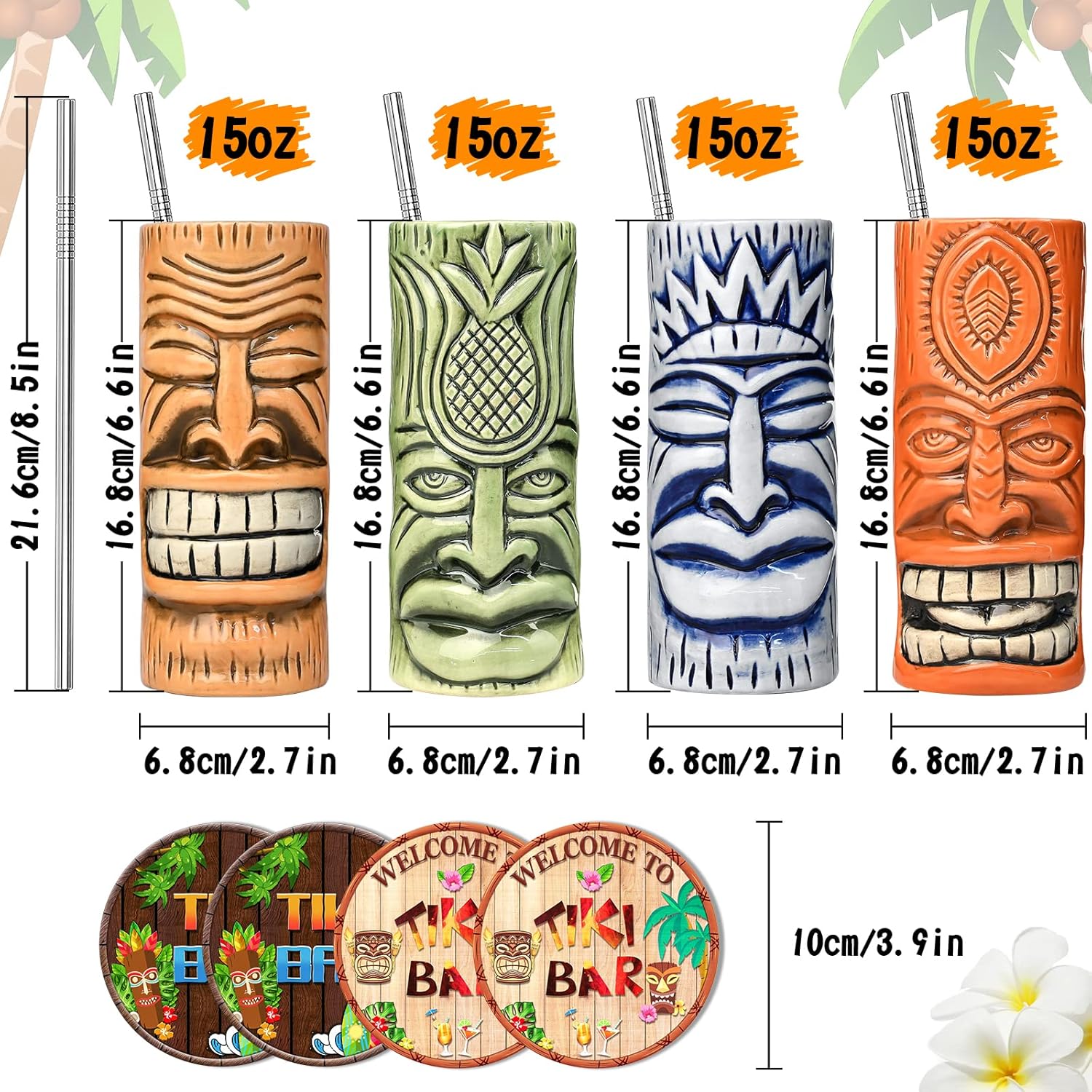 Tiki Mugs – Juego de 4 tazas de cóctel de cristal Tiki de cerámica, vasos de cóctel únicos, taza hawaiana profesional de bar y Halloween fiesta de