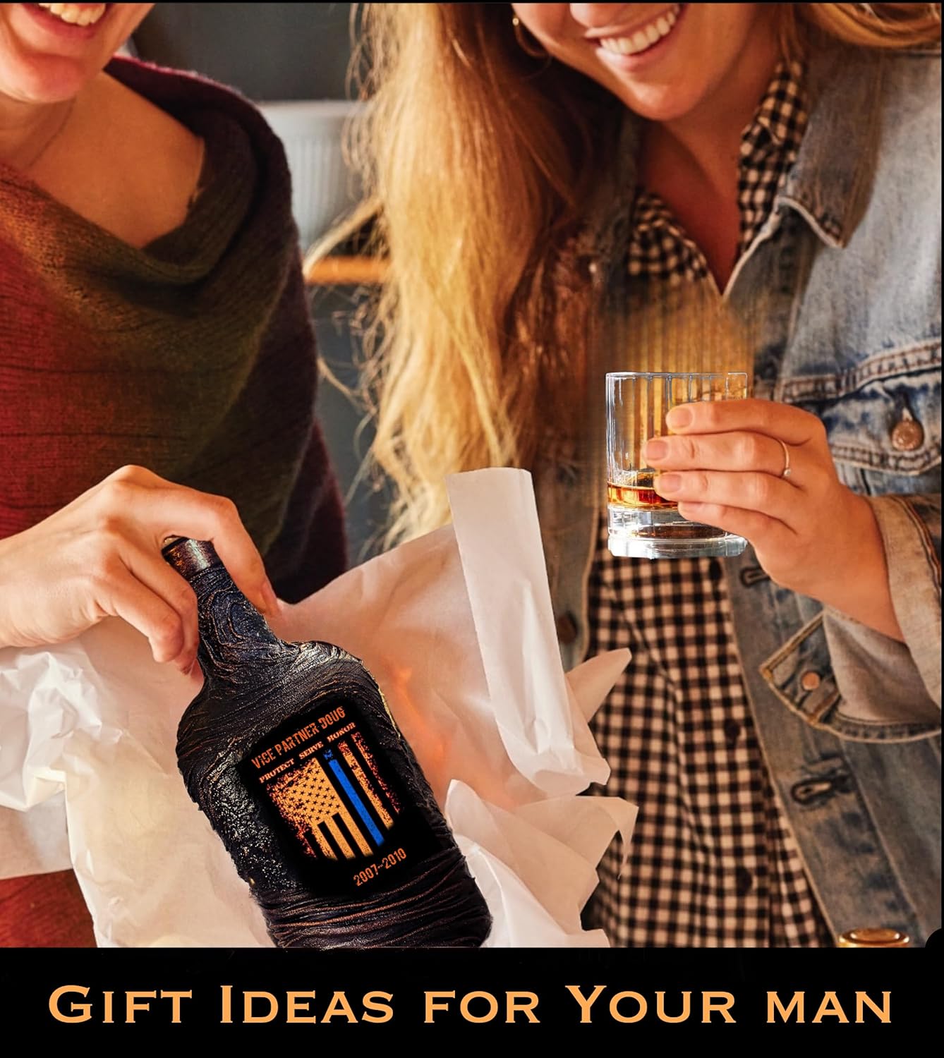 Personalized Police Whiskey Decanter Set for Men, Dad, Officer, Captain, Sergeant – Includes Custom Decanter, Glasses, Serving Board, Gift Box –
