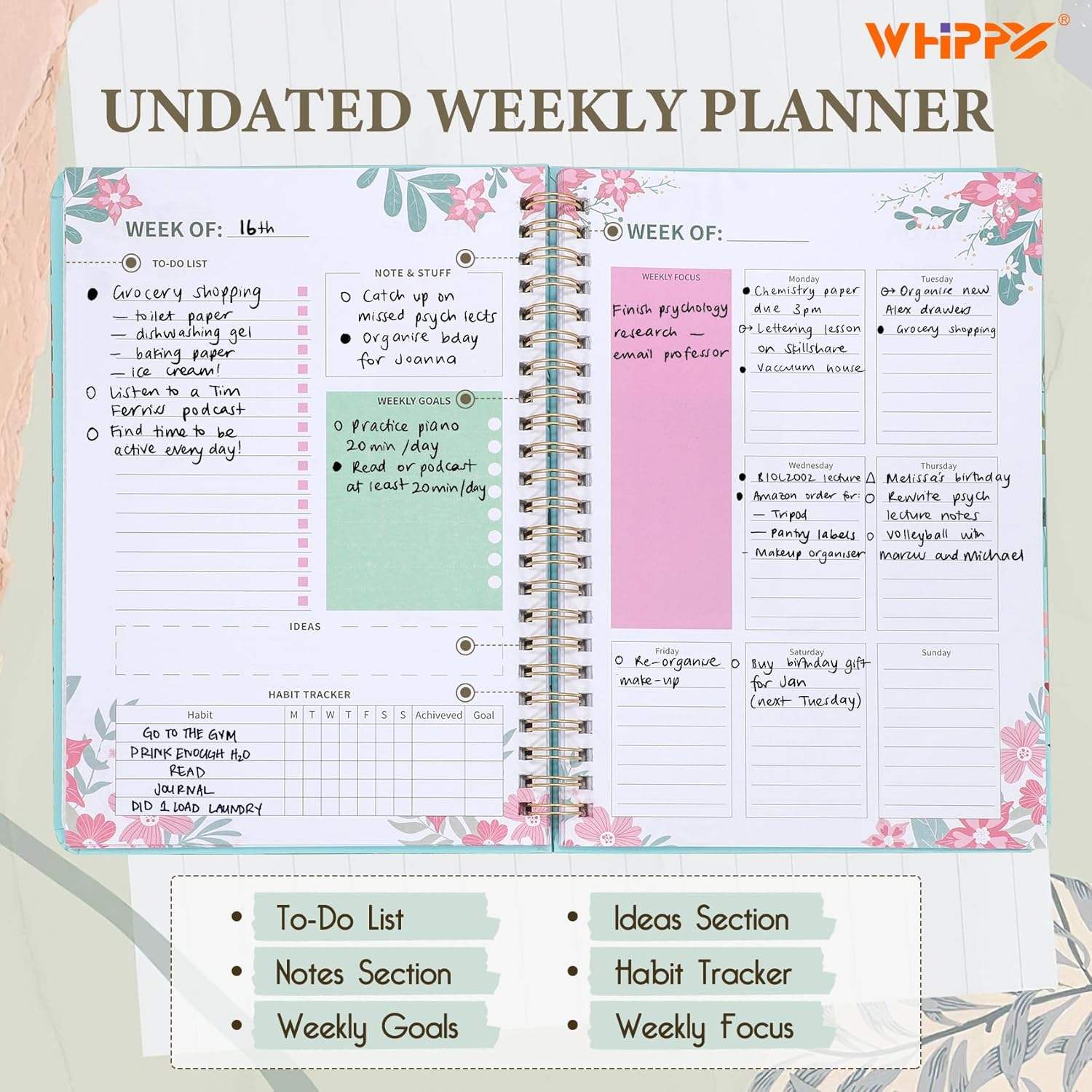 Agenda semanal sin fecha, cuaderno de objetivos semanales con lista de tareas pendientes y rastreador de hábitos, planificador diario, agenda