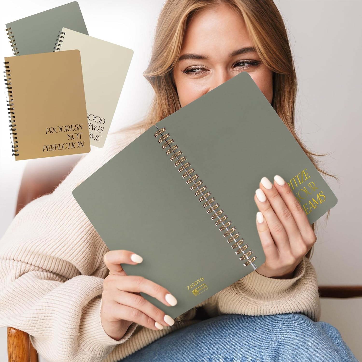 ZICOTO Juego de 3 cuadernos estéticos en espiral, bonitos diarios universitarios de 8 x 6 pulgadas, con bolsillos grandes y páginas forradas,