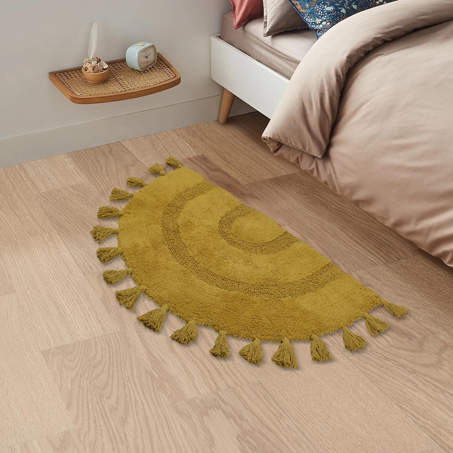 Alfombra de baño bohemia de medio círculo con borlas, 100 % algodón, tejida a mano, antideslizante, absorbente, con almohadilla para alfombra,