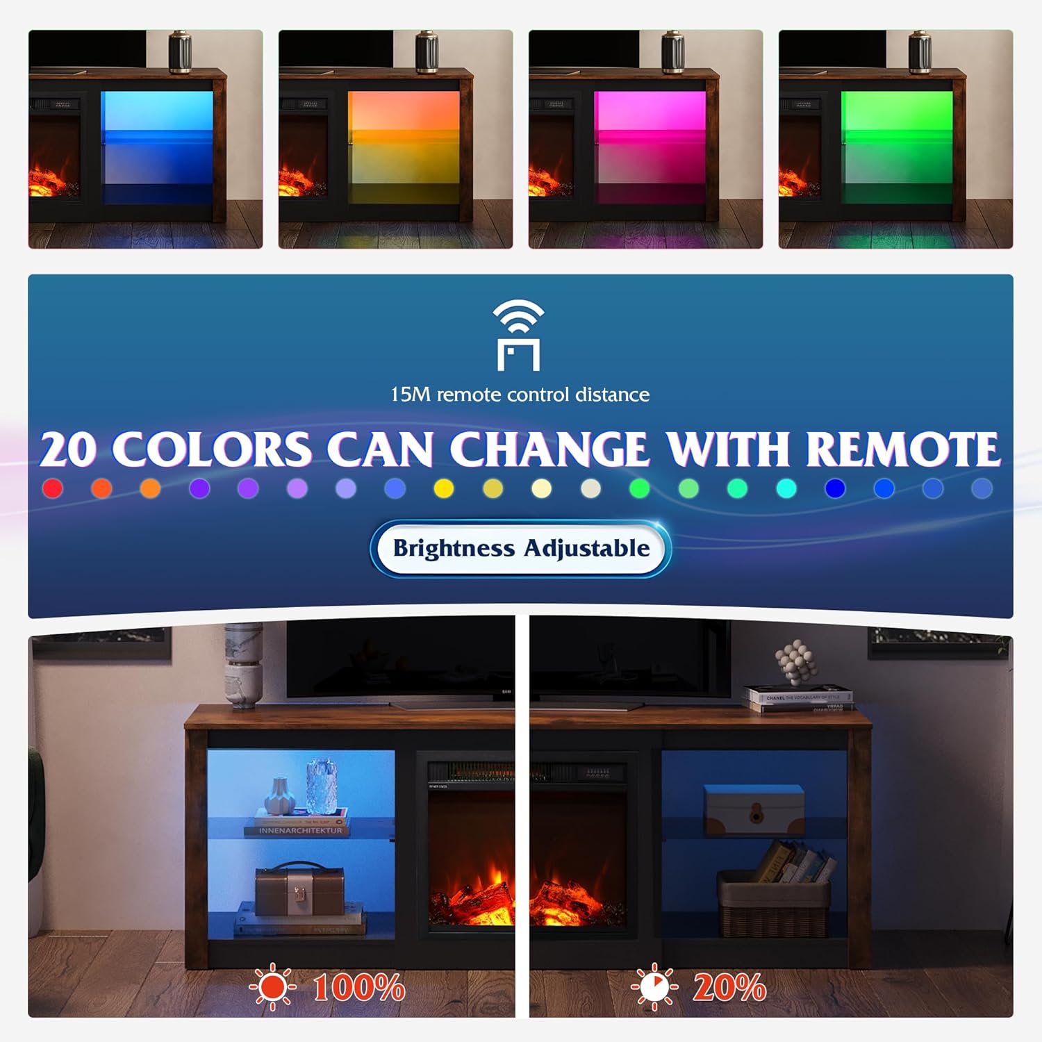 WLIVE Soporte de TV con chimenea para televisores de hasta 65 pulgadas, consola de TV con chimenea eléctrica con luces LED, soporte de TV moderno