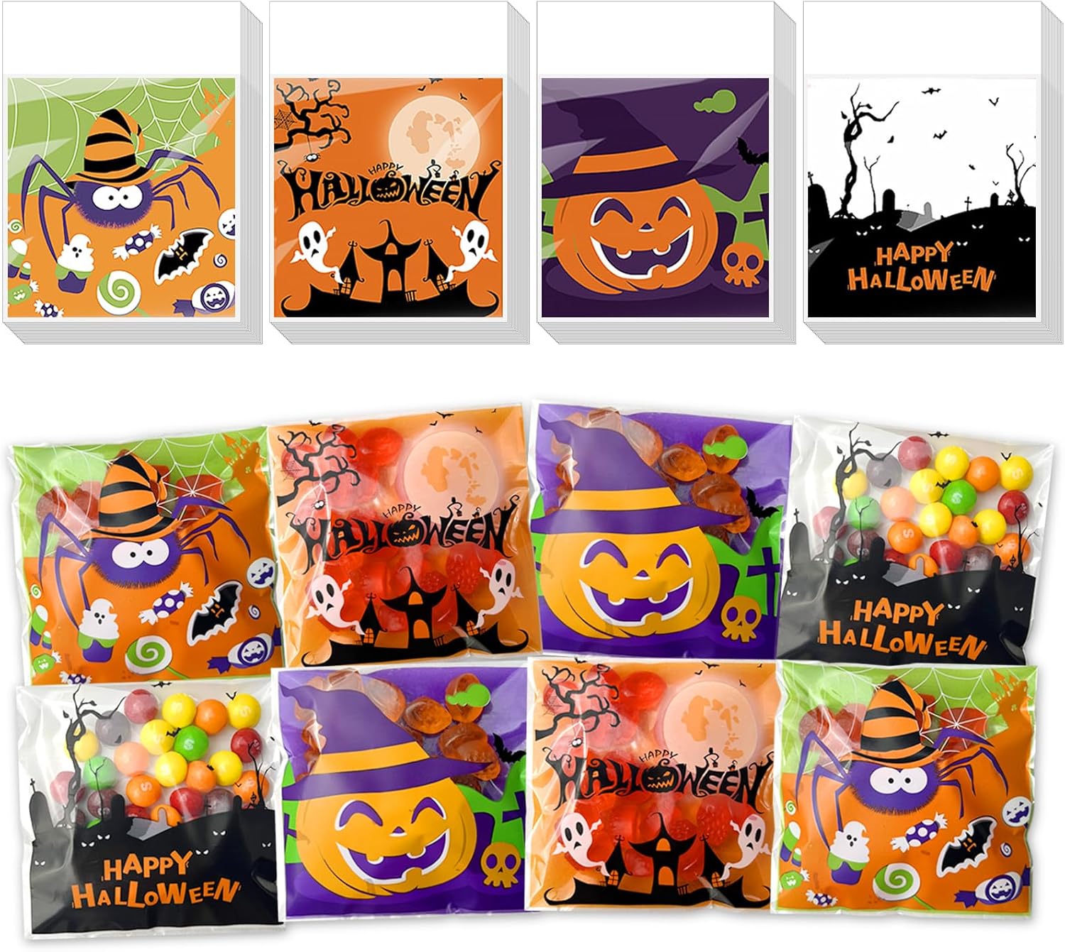 200 bolsas de celofán para dulces de Halloween, autoadhesivas, transparentes, bolsas de regalo para suministros de fiesta de Halloween (3.94 x 3.94