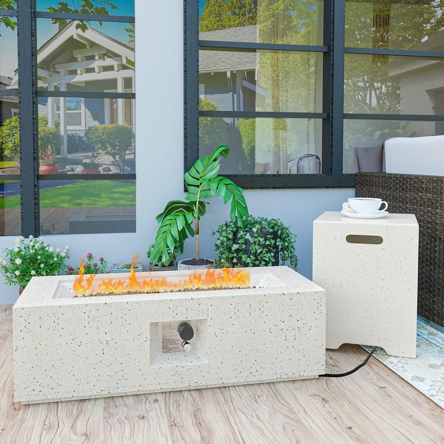 HOMPUS Fogata de propano para exteriores, 50,000 BTU, 42 x 17 pulgadas, mesa rectangular de gas de hormigón para exteriores, muebles sin humo con